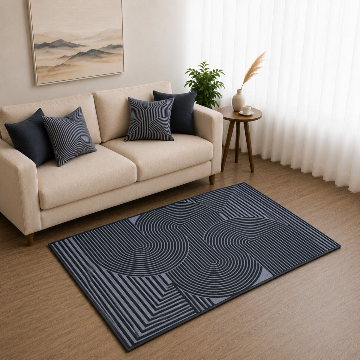 Modern Abstract Geometric Digital Print Area Rug | Black and Grey Abstract Swirl Accent Rug - Decovia