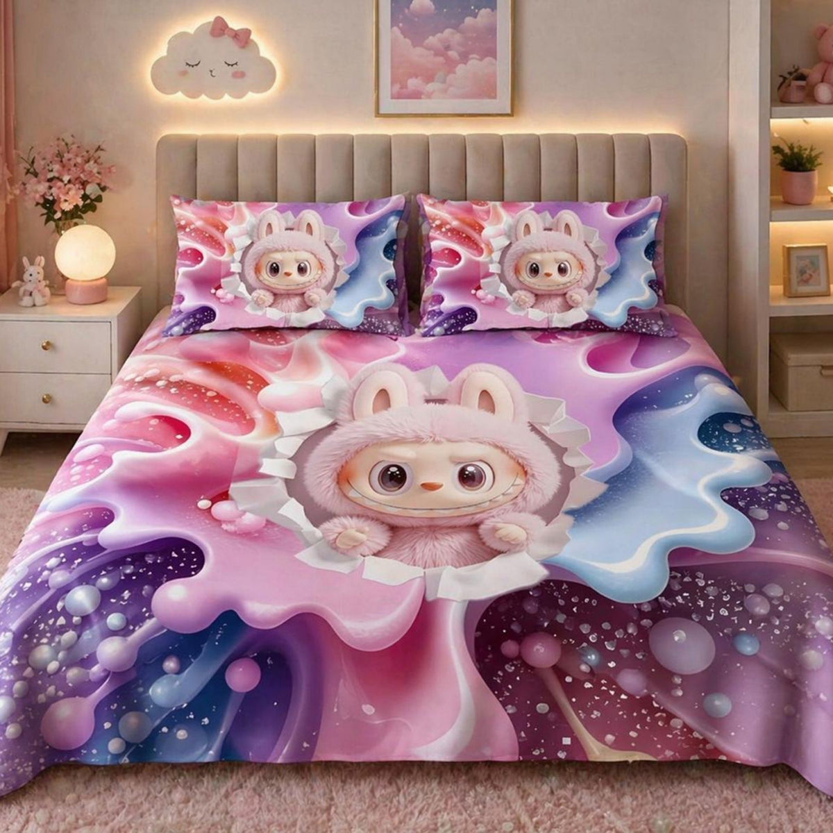 7D Digital Printed Cute Pink Bunny Cotton Feel Microfiber King Size Double Bedsheet with Pillow Covers - Decovia