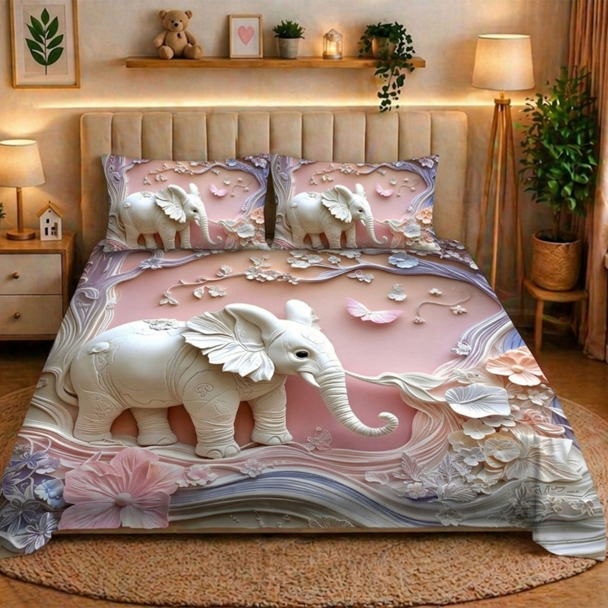 7D Digital Printed Elephant Cotton Feel Microfiber King Size Double Bedsheet with Pillow Covers - Decovia