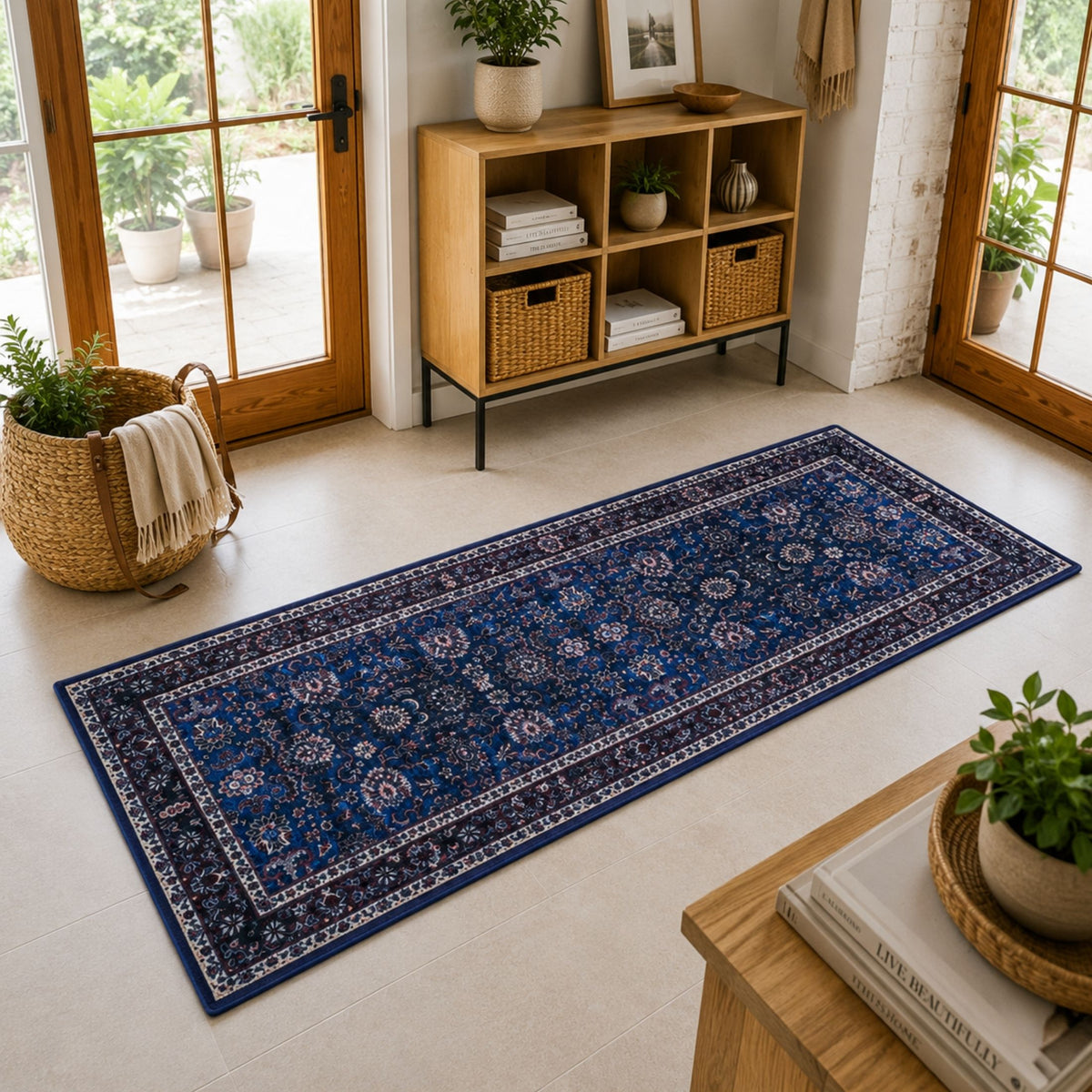 Premium Floral Persian Pattern Digital Print Area Rug | Navy Blue, Burgundy Red, and Cream Medallion Accent Rug - Decovia