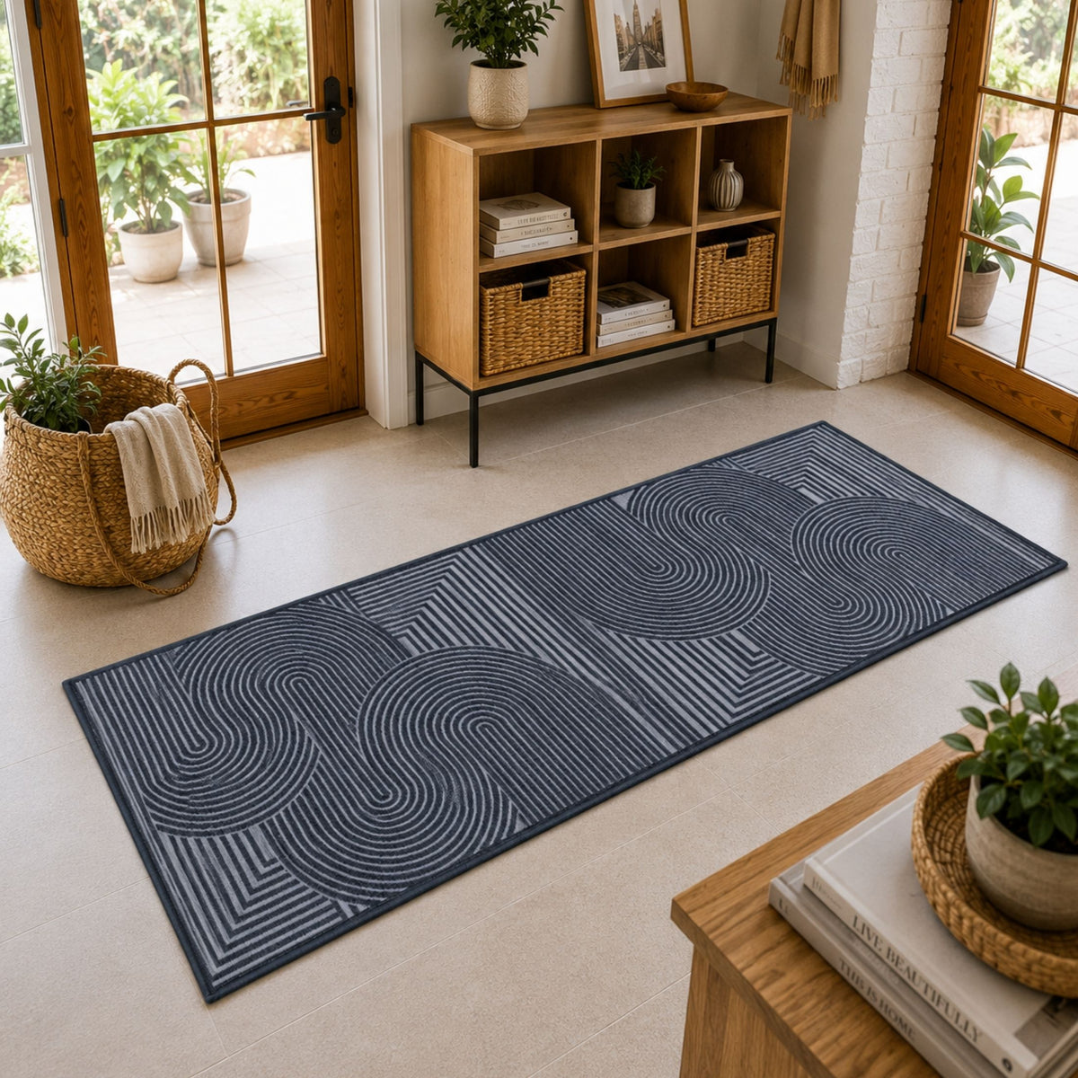 Modern Abstract Geometric Digital Print Area Rug | Black and Grey Abstract Swirl Accent Rug - Decovia