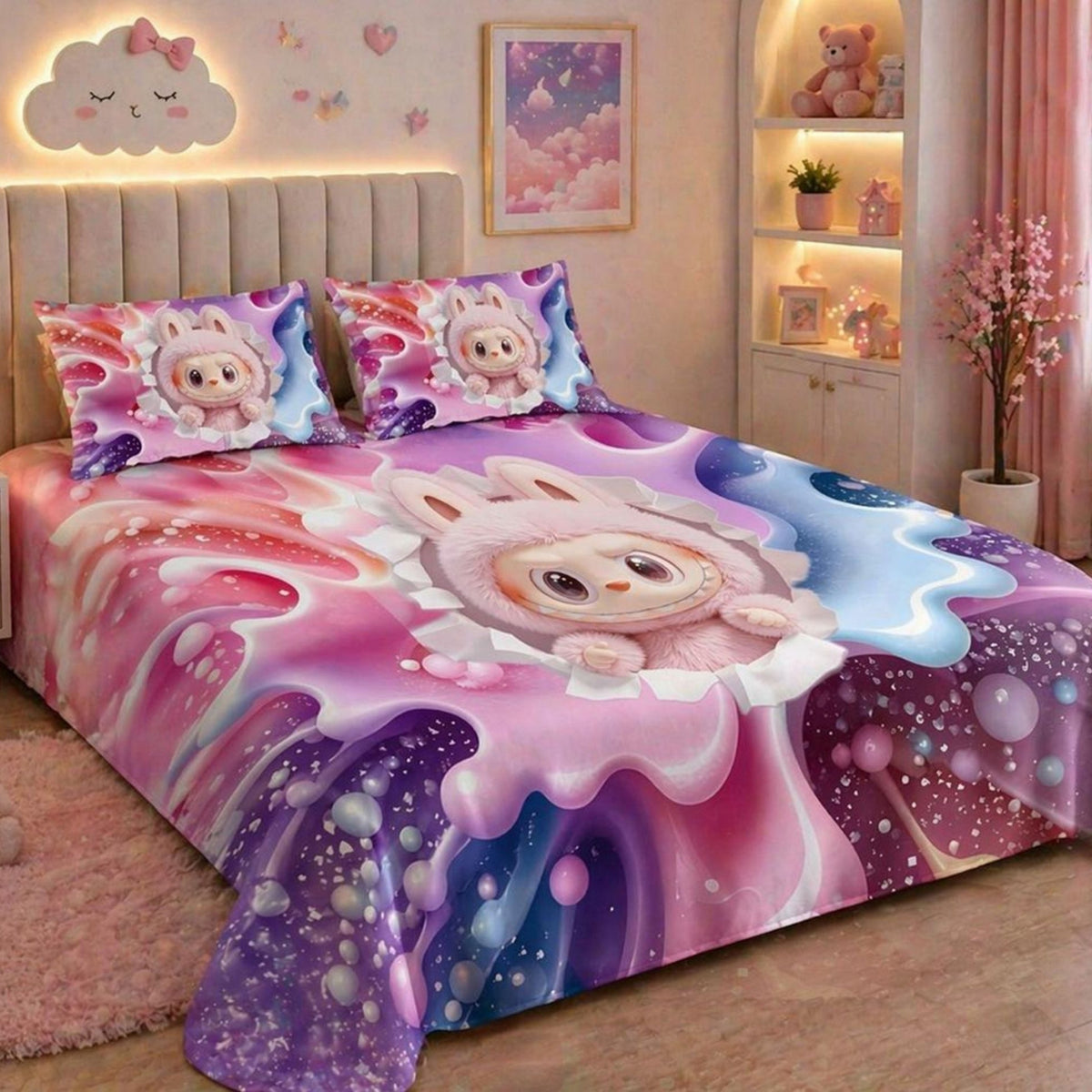 7D Digital Printed Cute Pink Bunny Cotton Feel Microfiber King Size Double Bedsheet with Pillow Covers - Decovia