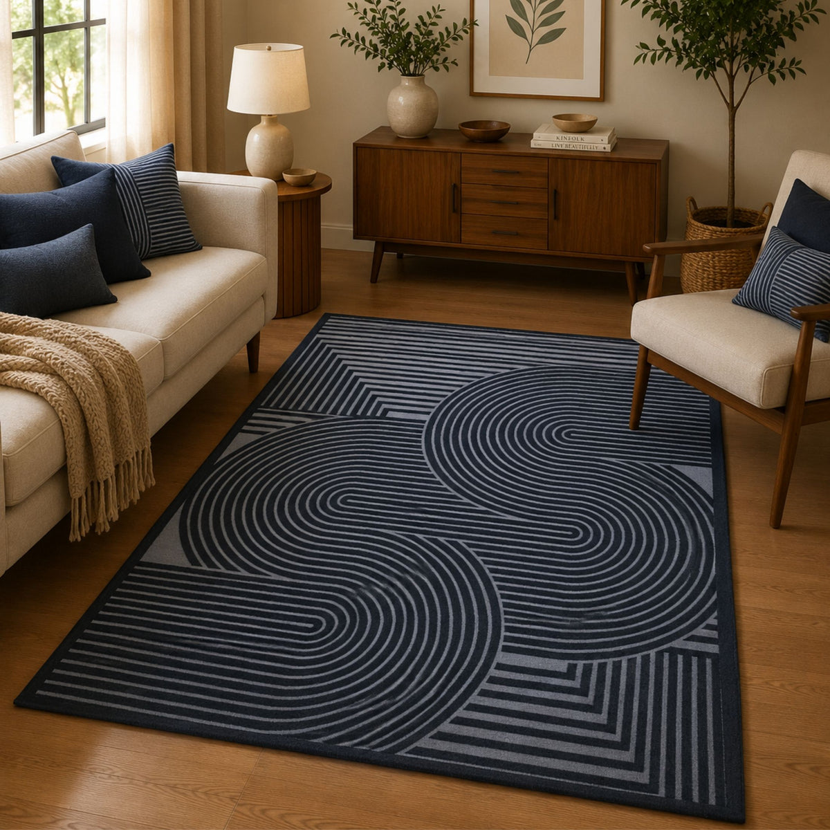 Modern Abstract Geometric Digital Print Area Rug | Black and Grey Abstract Swirl Accent Rug - Decovia