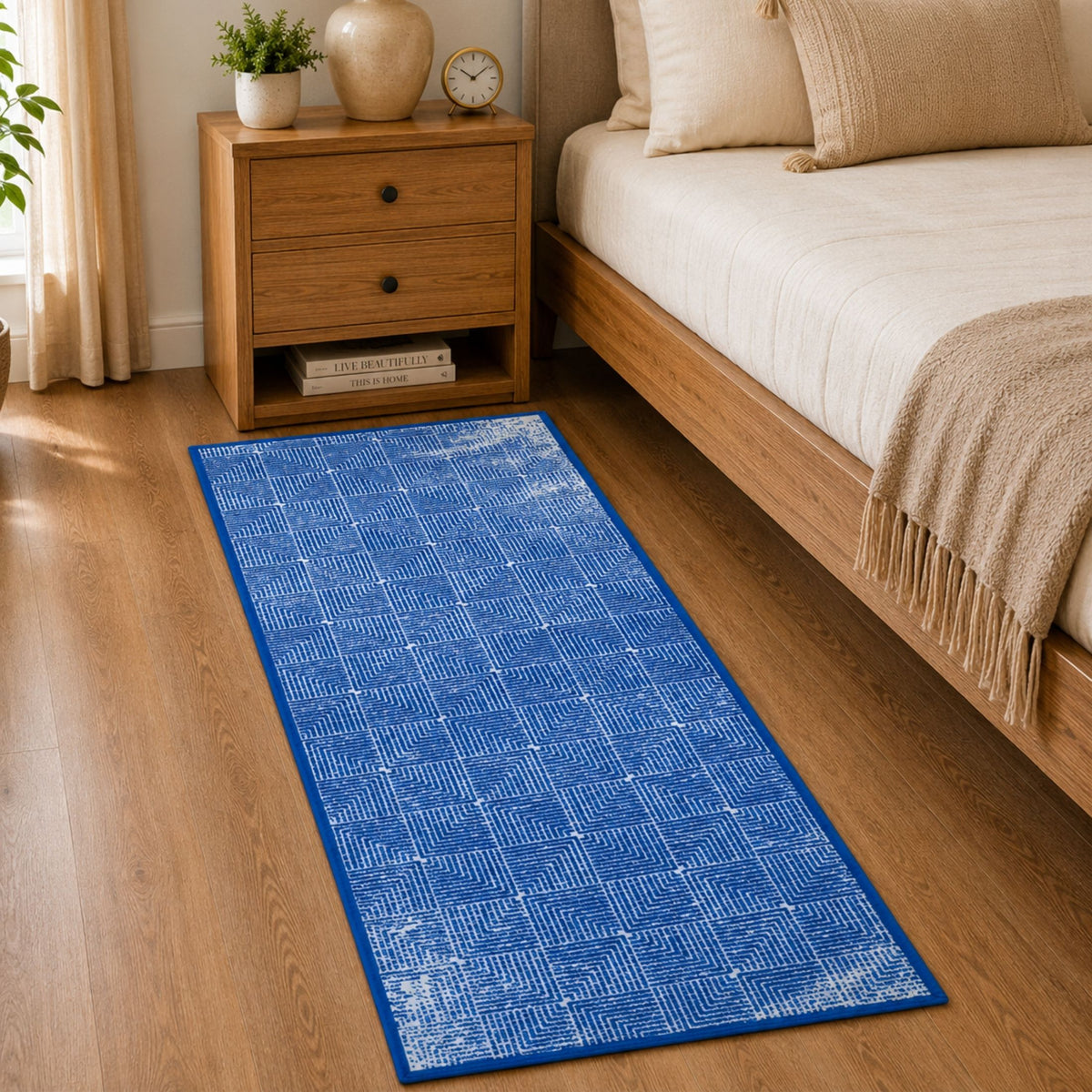 Modern Geometric Digital Print Area Rug | Premium Navy Blue and Cream Woven Rug - Decovia