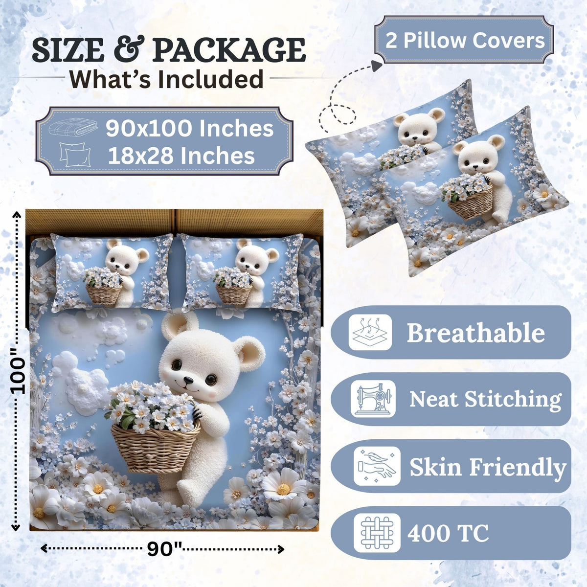 7D Digital Printed Teddy Cotton Feel Microfiber King Size Double Bedsheet with Pillow Covers - Decovia