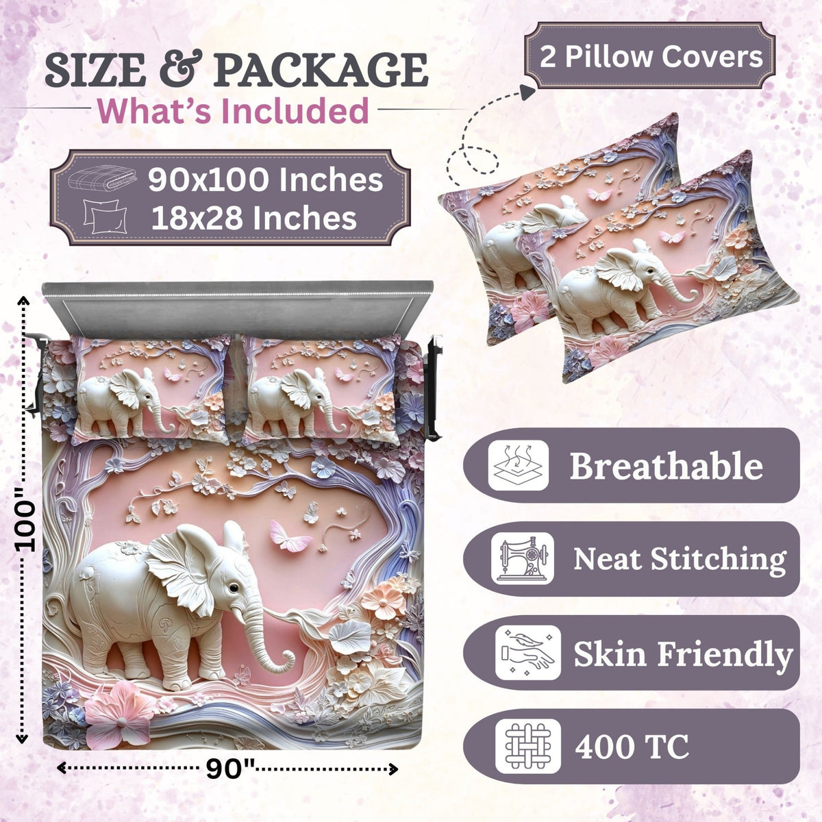7D Digital Printed Elephant Cotton Feel Microfiber King Size Double Bedsheet with Pillow Covers - Decovia