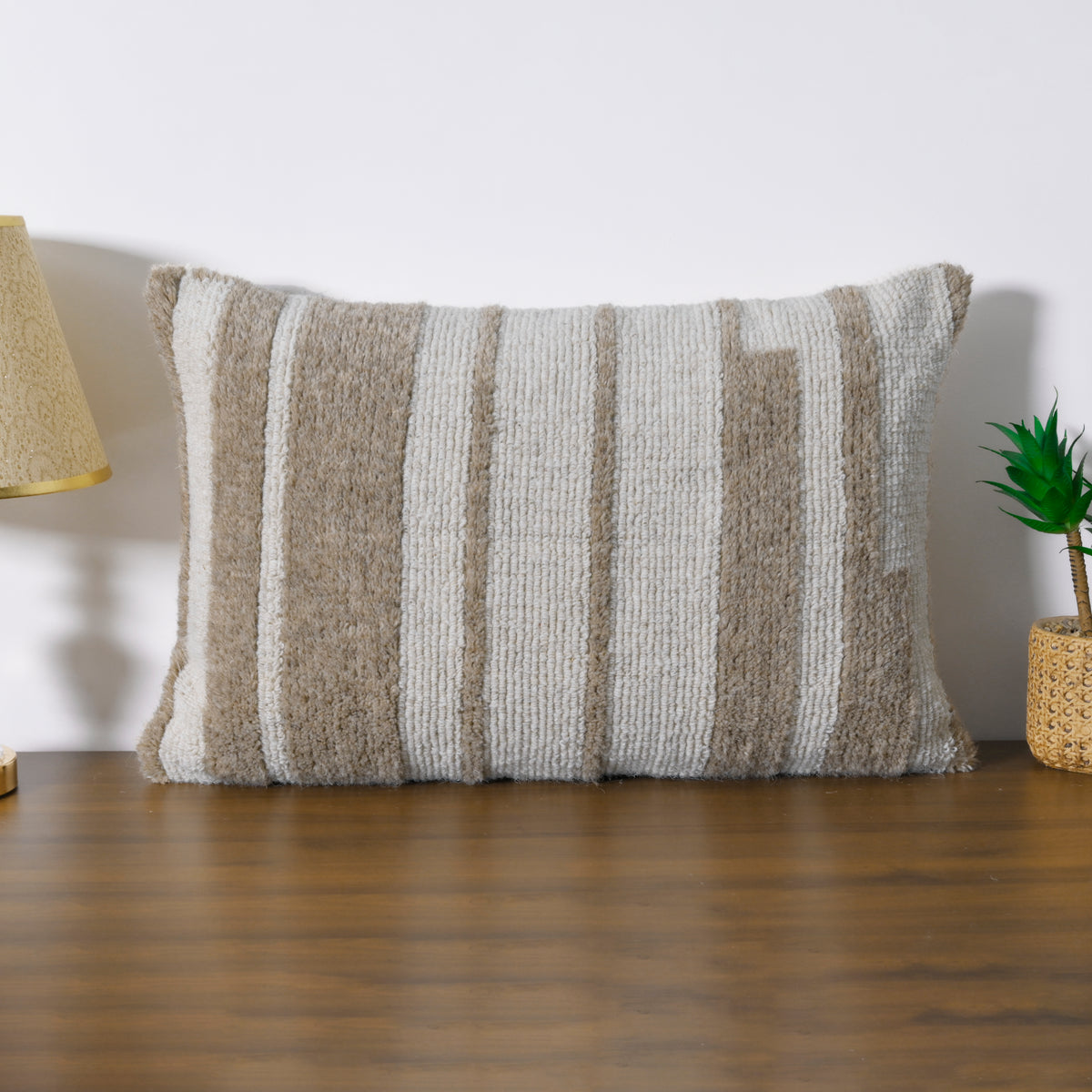 Hand-Tufted Decorative Lumbar Pillow Cover| Textured Stripe Neutral Cream and Sand Accent Pillow for Sofa, Armchair, and Bedroom Decor Set of 1 Pc