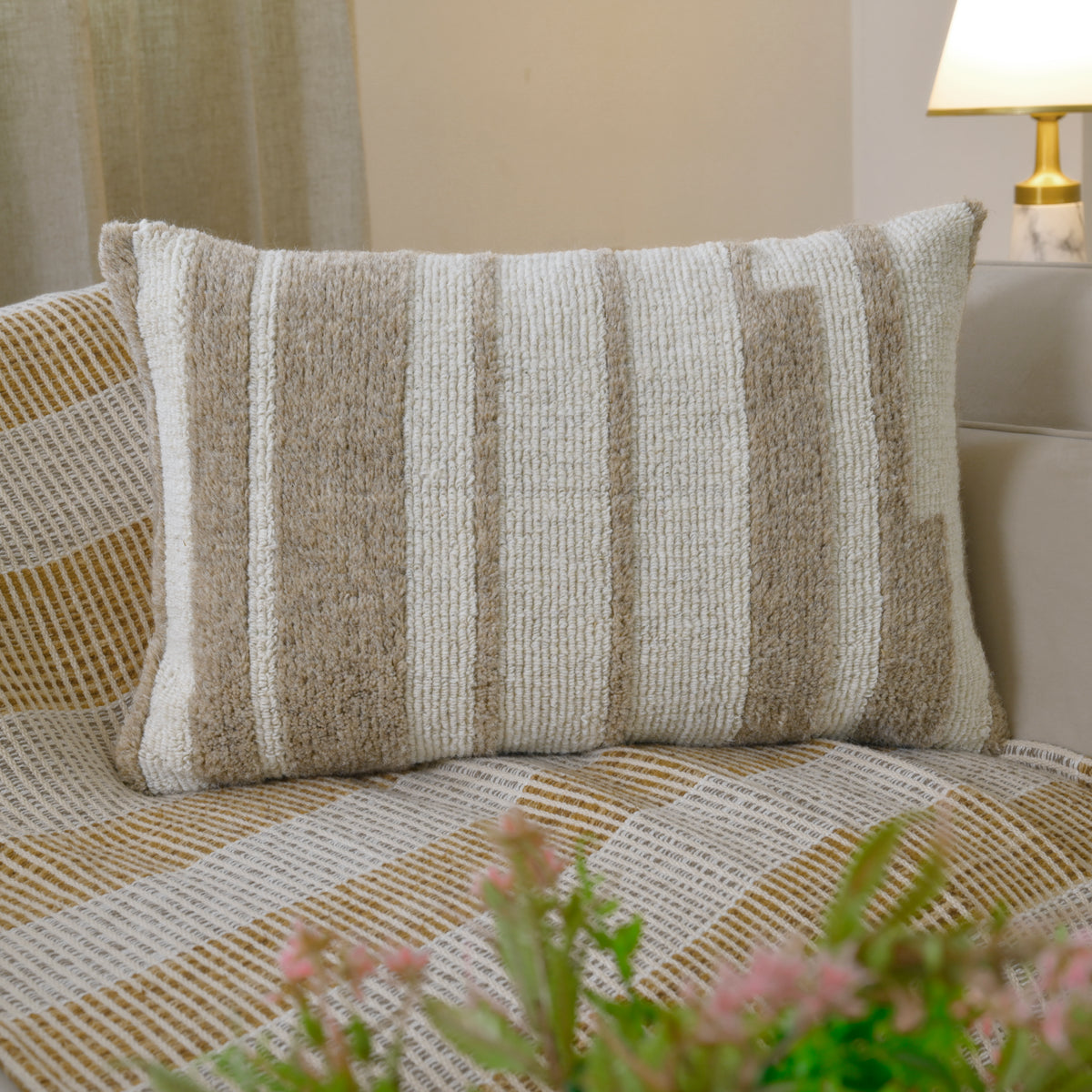Hand-Tufted Decorative Lumbar Pillow Cover| Textured Stripe Neutral Cream and Sand Accent Pillow for Sofa, Armchair, and Bedroom Decor Set of 1 Pc