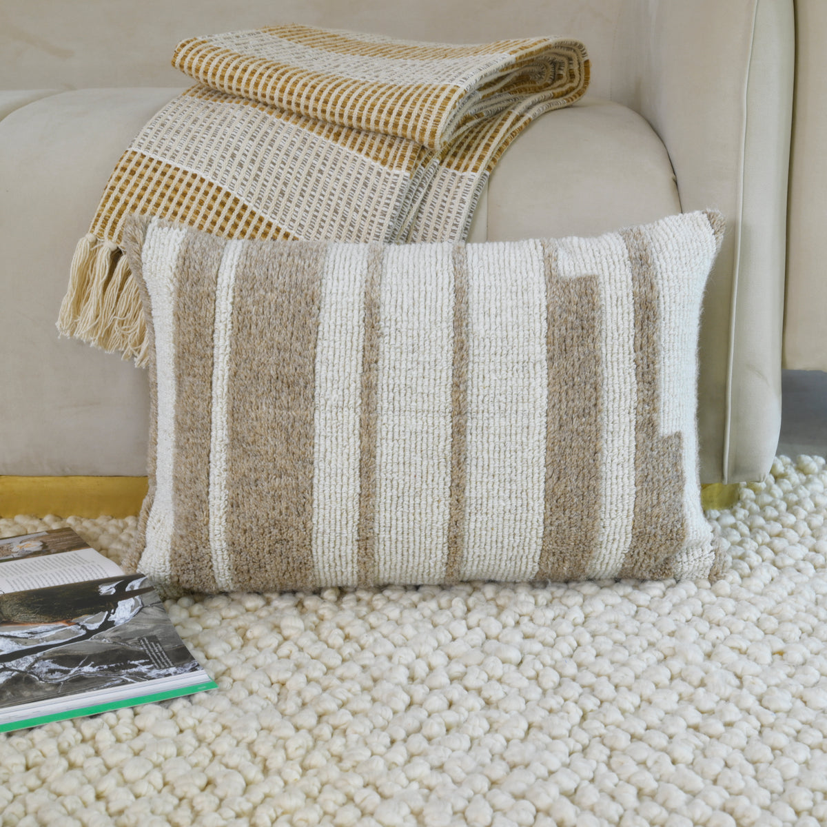 Hand-Tufted Decorative Lumbar Pillow Cover| Textured Stripe Neutral Cream and Sand Accent Pillow for Sofa, Armchair, and Bedroom Decor Set of 1 Pc