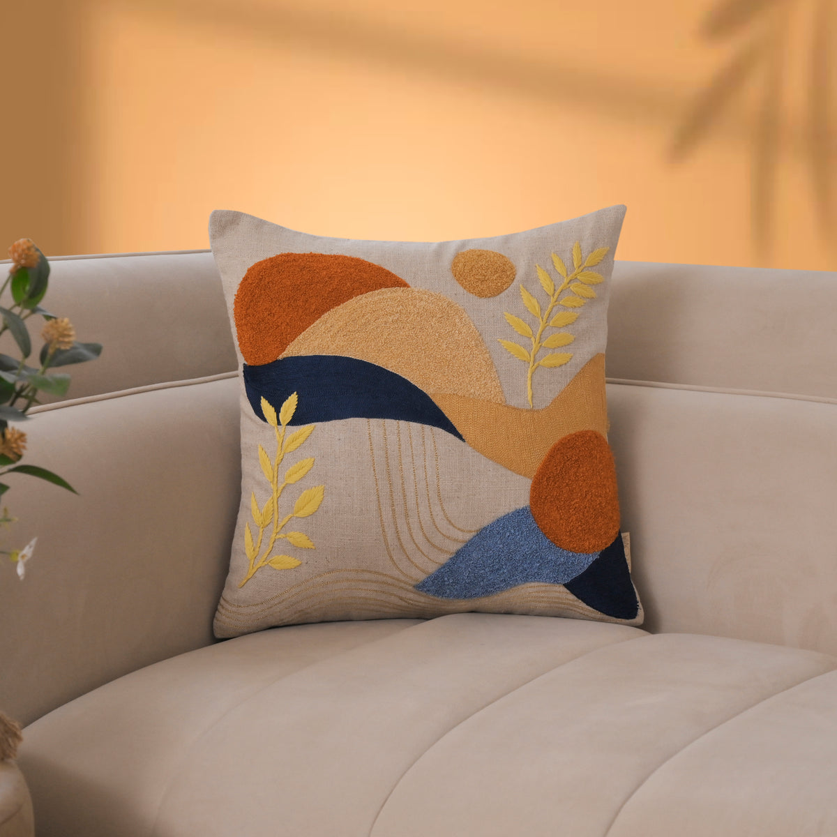 Embroidered Abstract Square Cushion Cover - 16x16 Inch Set of 1 Pc