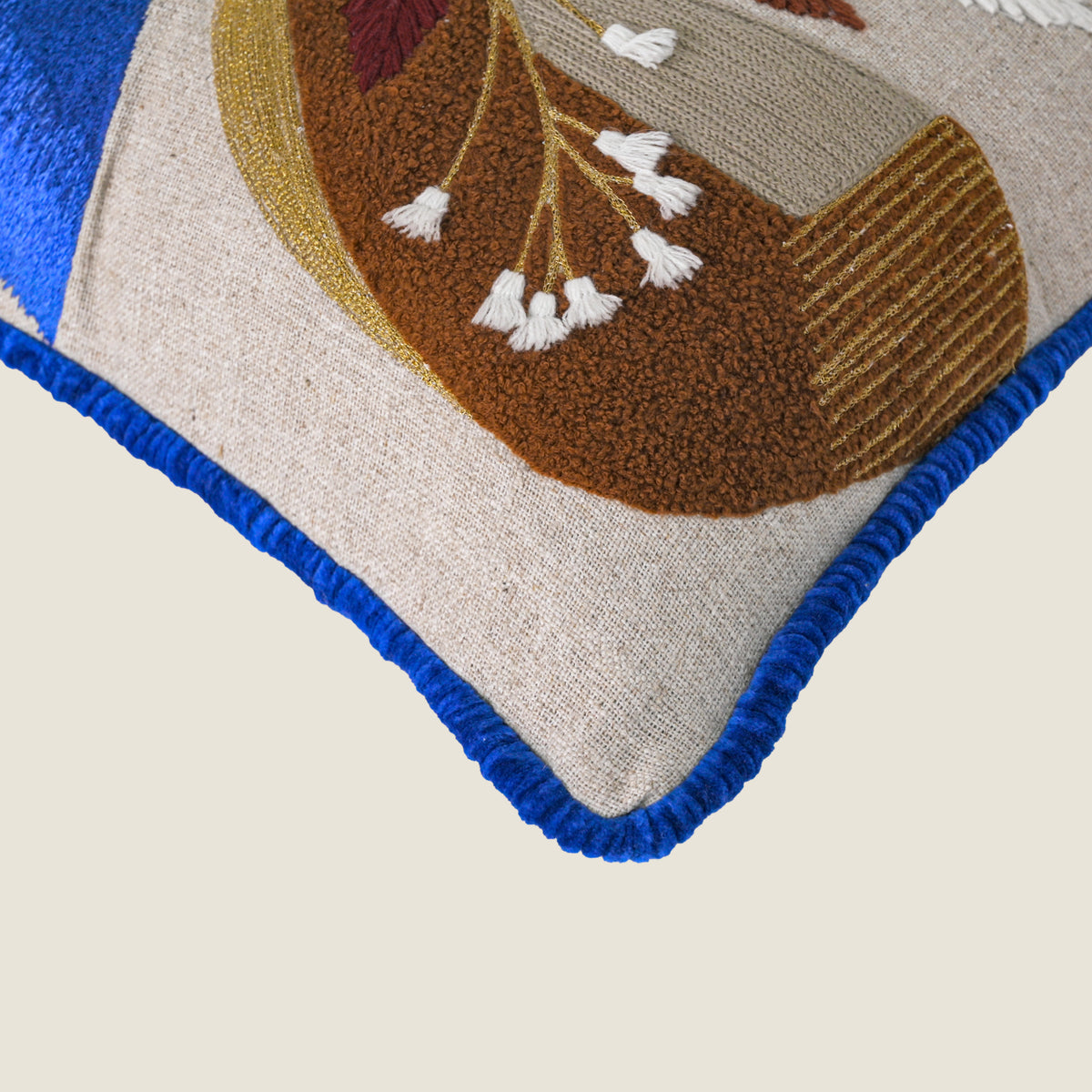 Modern Botanical Embroidered Pillow Cover | Square Cushion with Cobalt Blue Fringe Set of 1 Pc