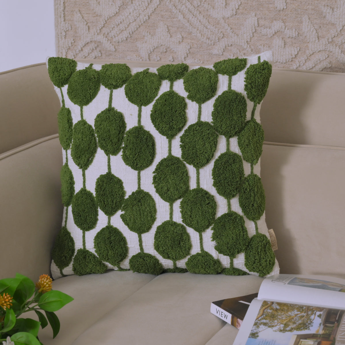 Square Green Tufted Leaf Pillow Cover | Decorative Boho Accent Cover Set of 1 Pc