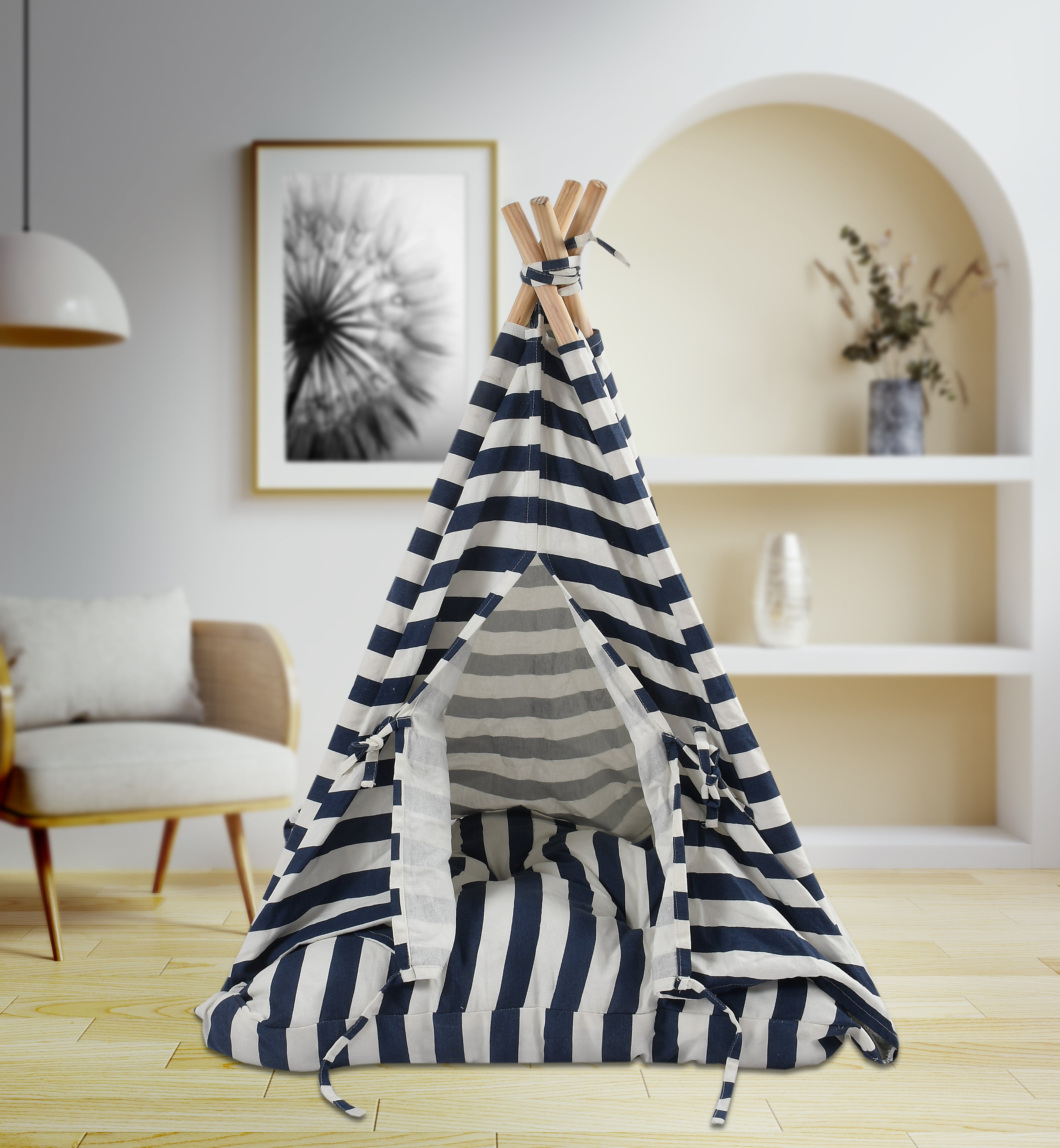Striped Canvas Pet Teepee with Cushion