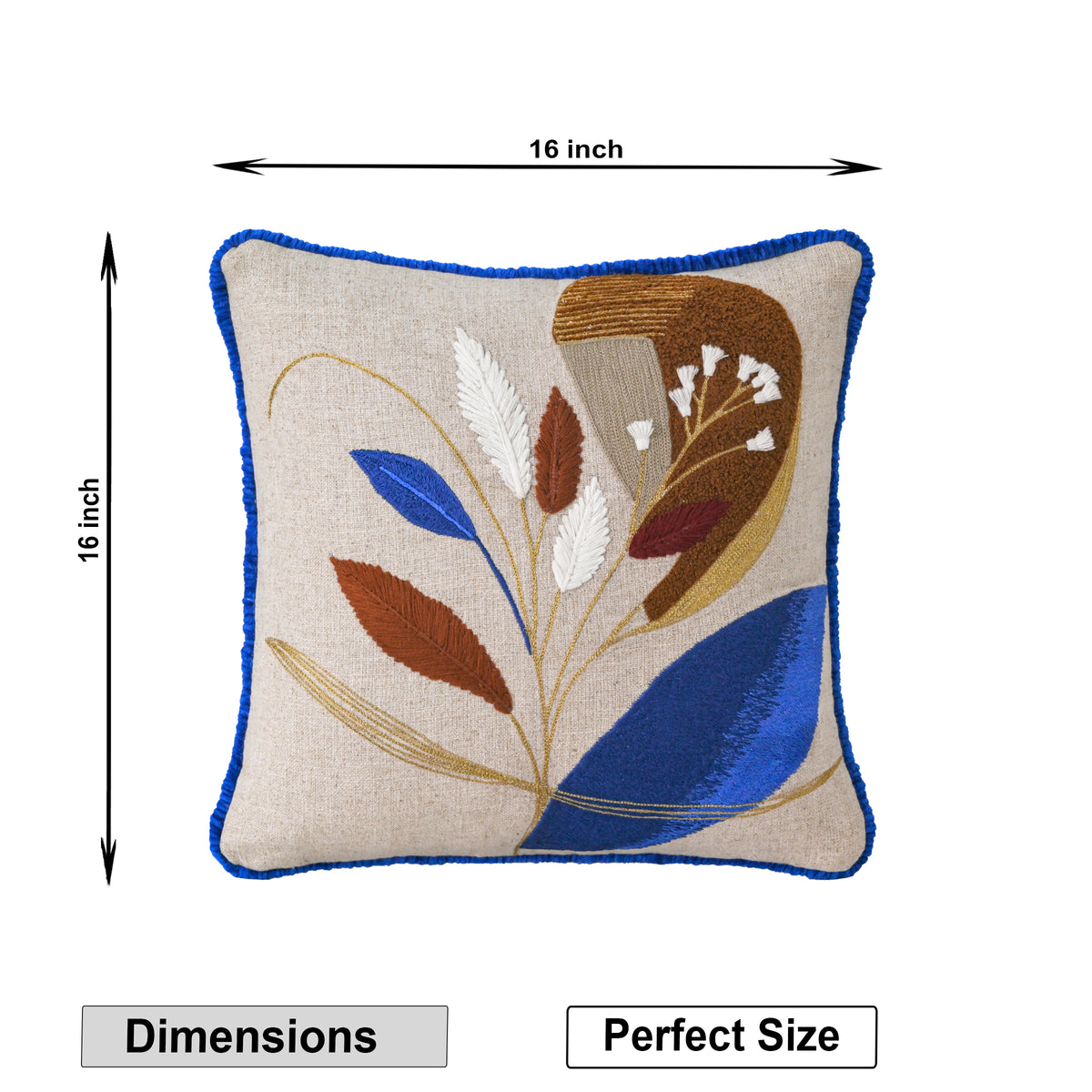 Modern Botanical Embroidered Pillow Cover | Square Cushion with Cobalt Blue Fringe Set of 1 Pc