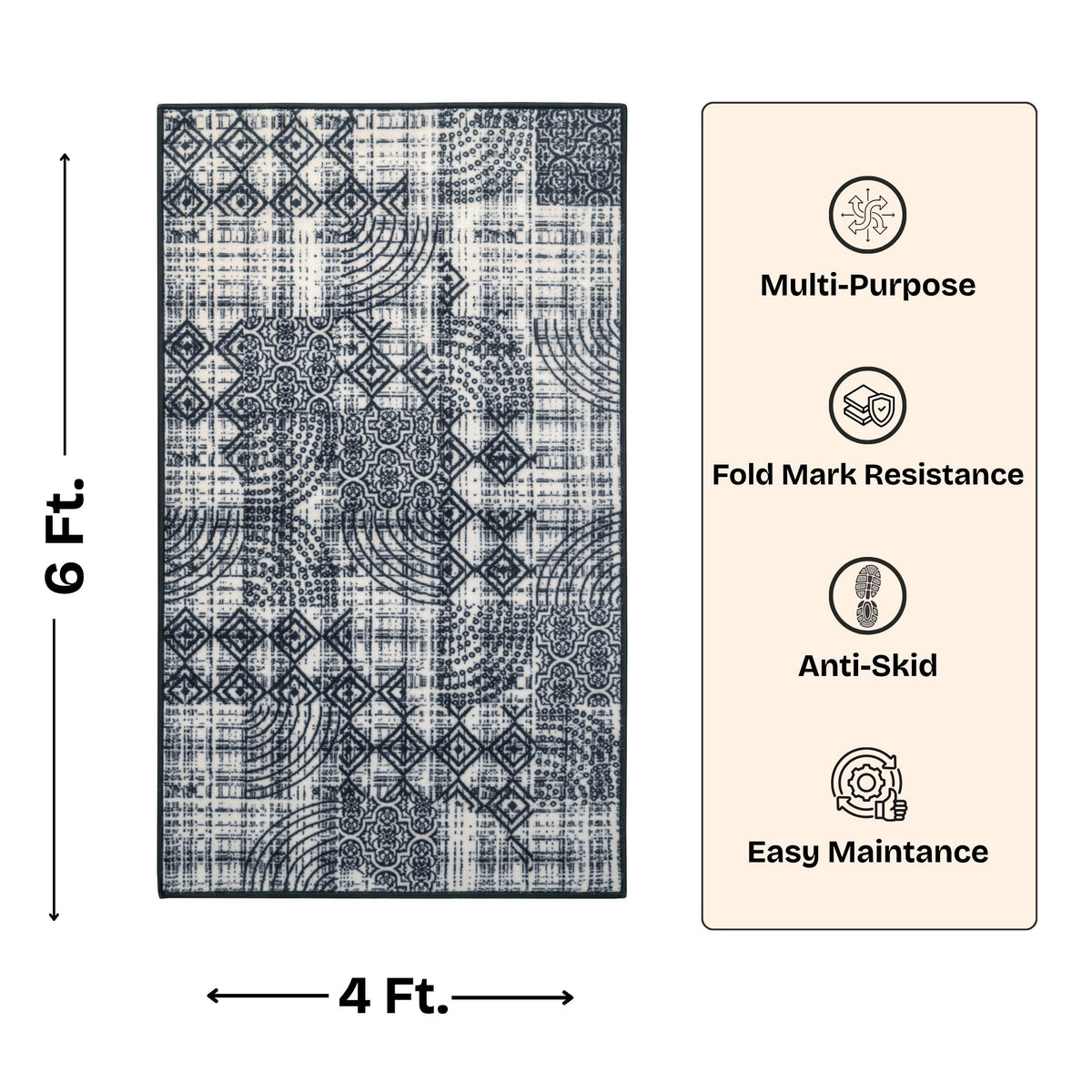 Modern Abstract Geometric Digital Print Area Rug | Charcoal Black and Cream Bohemian Accent Rug - Decovia