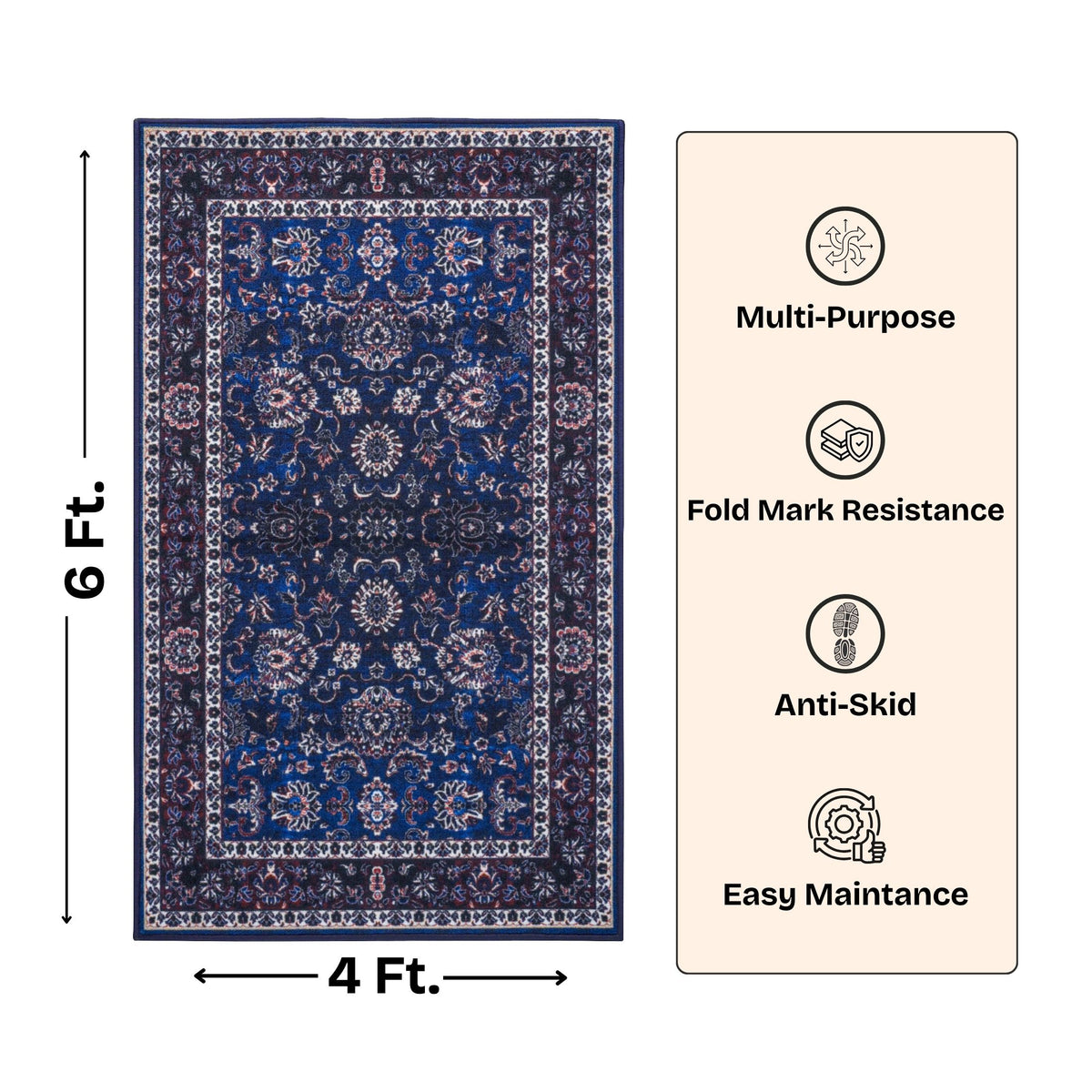 Premium Floral Persian Pattern Digital Print Area Rug | Navy Blue, Burgundy Red, and Cream Medallion Accent Rug - Decovia
