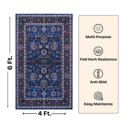 Premium Floral Persian Pattern Digital Print Area Rug | Navy Blue, Burgundy Red, and Cream Medallion Accent Rug - Decovia