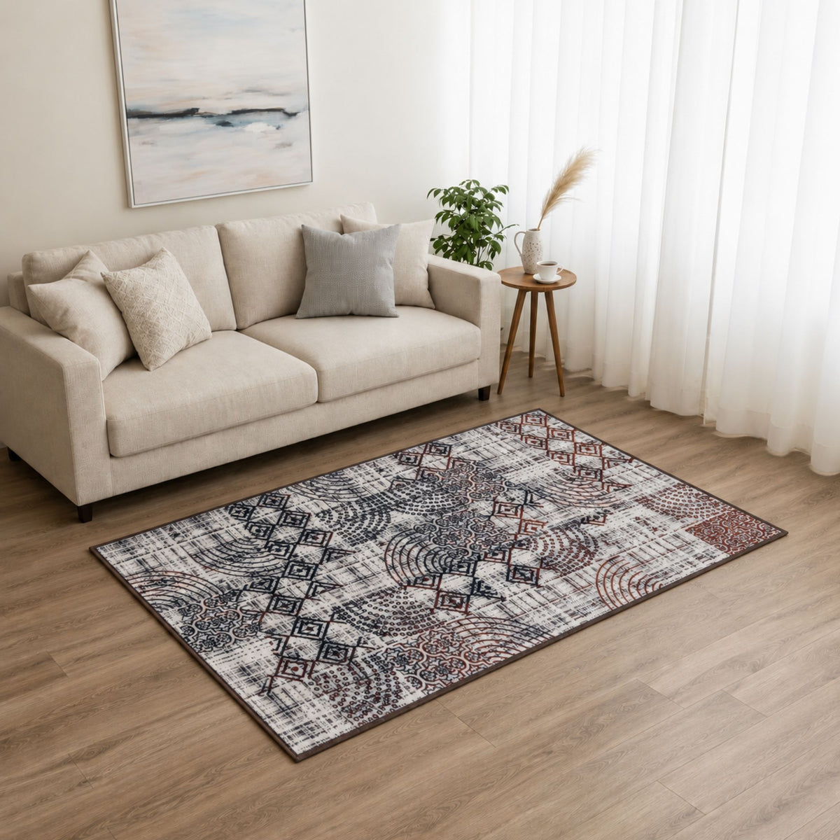 Multi-Pattern Geometric Accent Digital Print Area Rug | Cream &amp; Earth Tones Accent Rug - Decovia