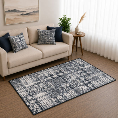 Modern Abstract Geometric Digital Print Area Rug | Charcoal Black and Cream Bohemian Accent Rug - Decovia