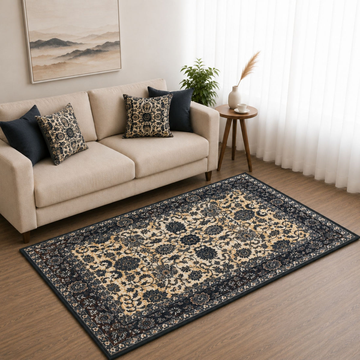 Premium Floral Persian Pattern Digital Print Area Rug | Dark Brown Medallion Accent Rug - Decovia