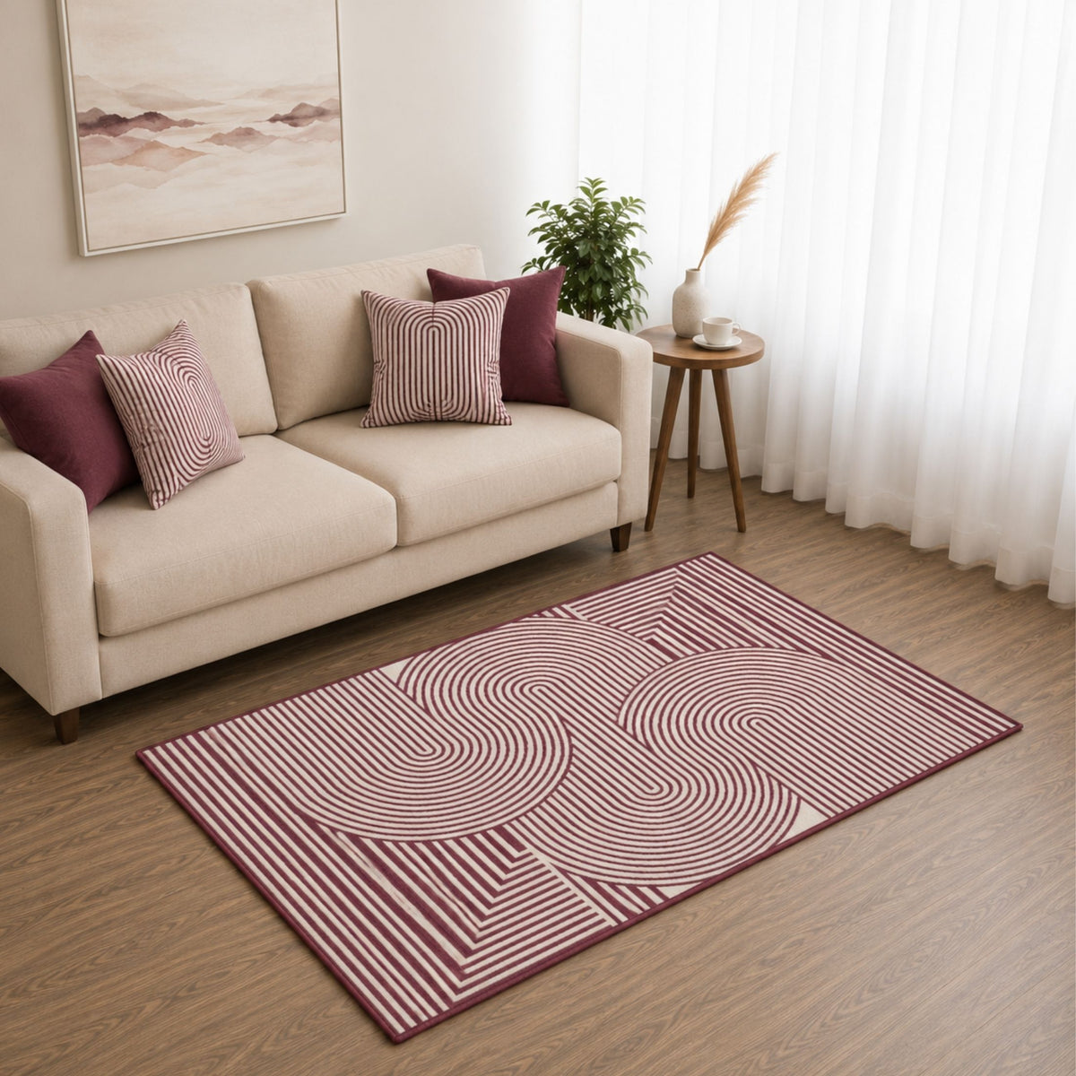 Modern Geometric Digital Print  Area Rug - Terracotta Rust Brown and Cream Abstract Wave Pattern-Decovia