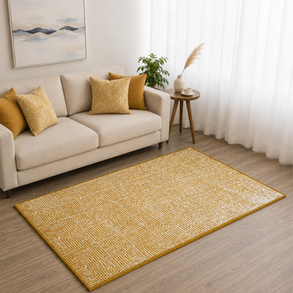 Modern Geometric Digital Print  Area Rug | Premium Yellow Mustard and Cream Woven Rug - Decovia