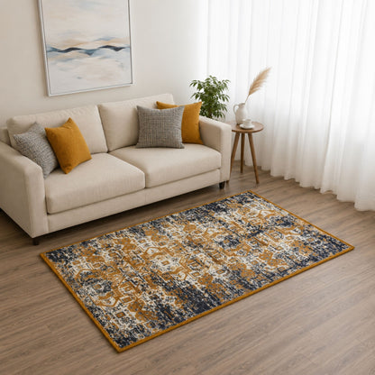 Premium Distressed Geometric Striped Pattern Digital Print Area Rug | Yellow, Black, and Cream Bohemian Accent Rug - Decovia