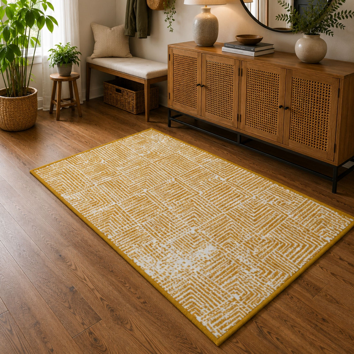 Modern Geometric Digital Print  Area Rug | Premium Yellow Mustard and Cream Woven Rug - Decovia