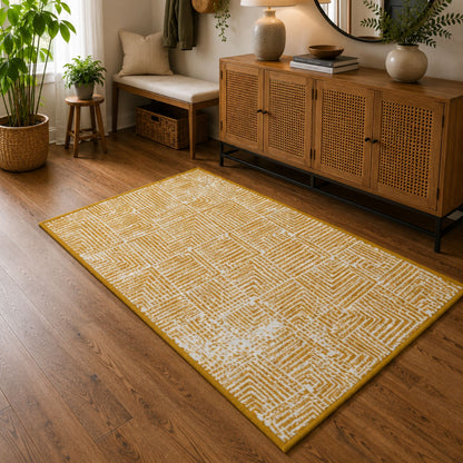 Modern Geometric Digital Print  Area Rug | Premium Yellow Mustard and Cream Woven Rug - Decovia