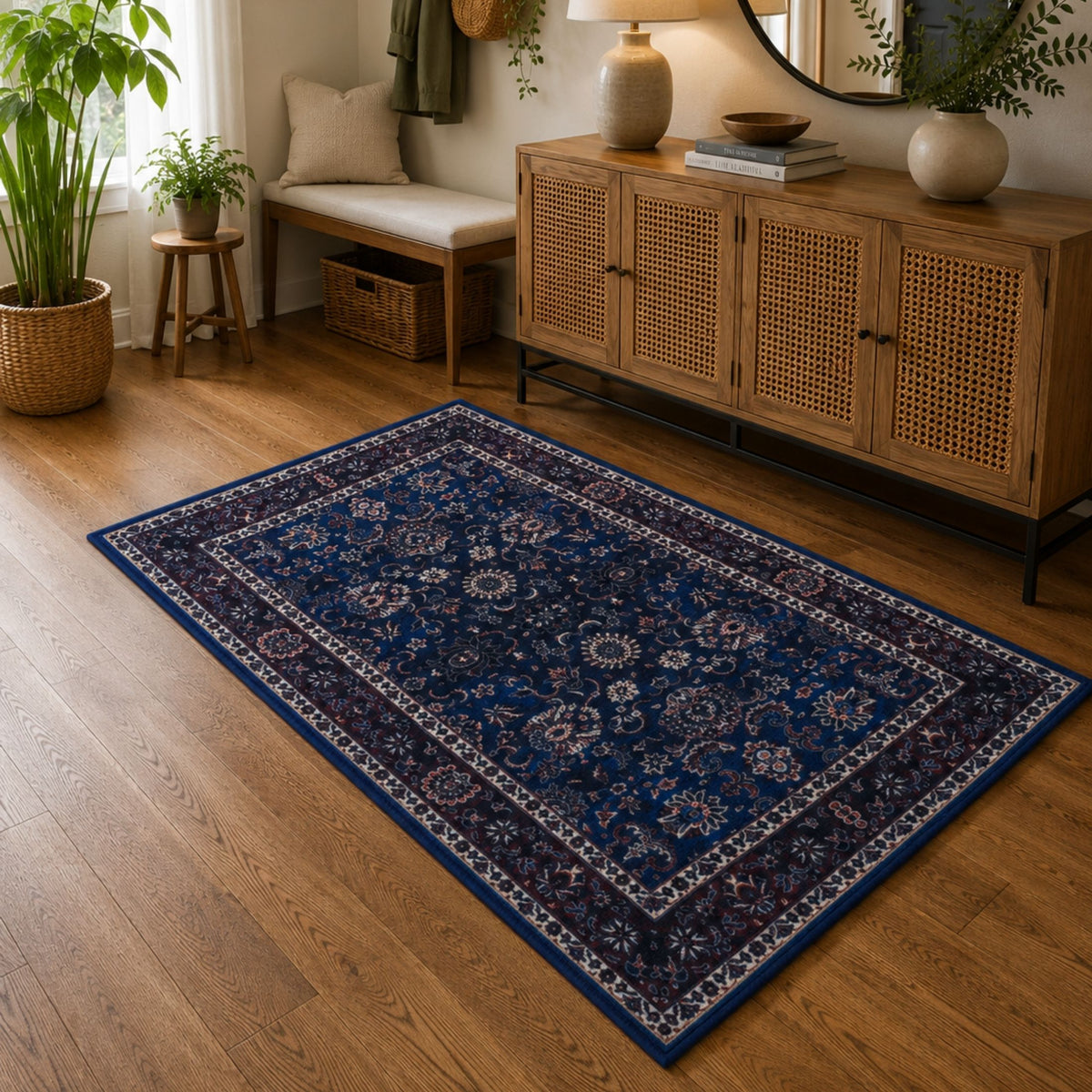 Premium Floral Persian Pattern Digital Print Area Rug | Navy Blue, Burgundy Red, and Cream Medallion Accent Rug - Decovia
