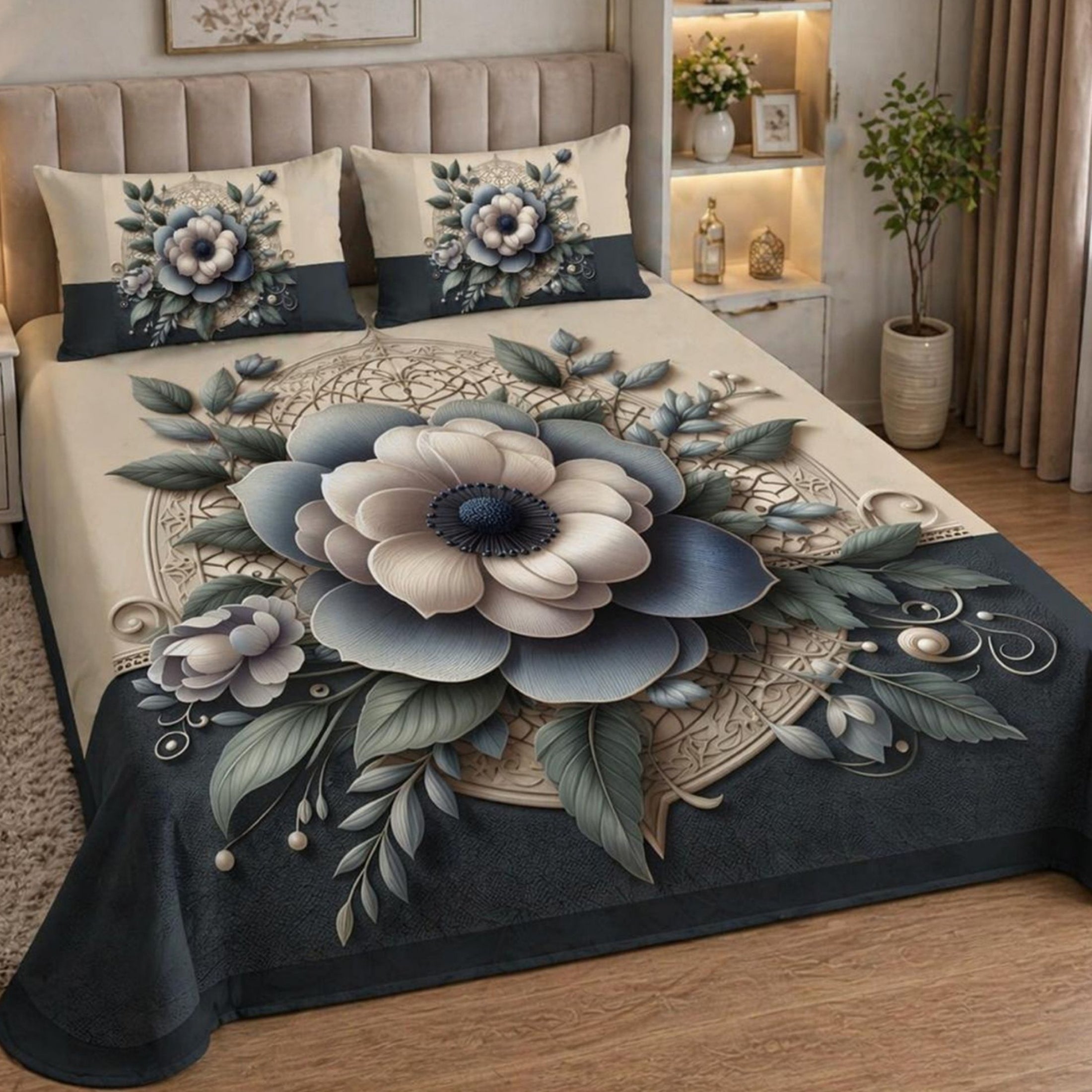 7D Digital Printed Floral Cotton Feel Microfiber King Size Double Bedsheet with Pillow Covers - Decovia