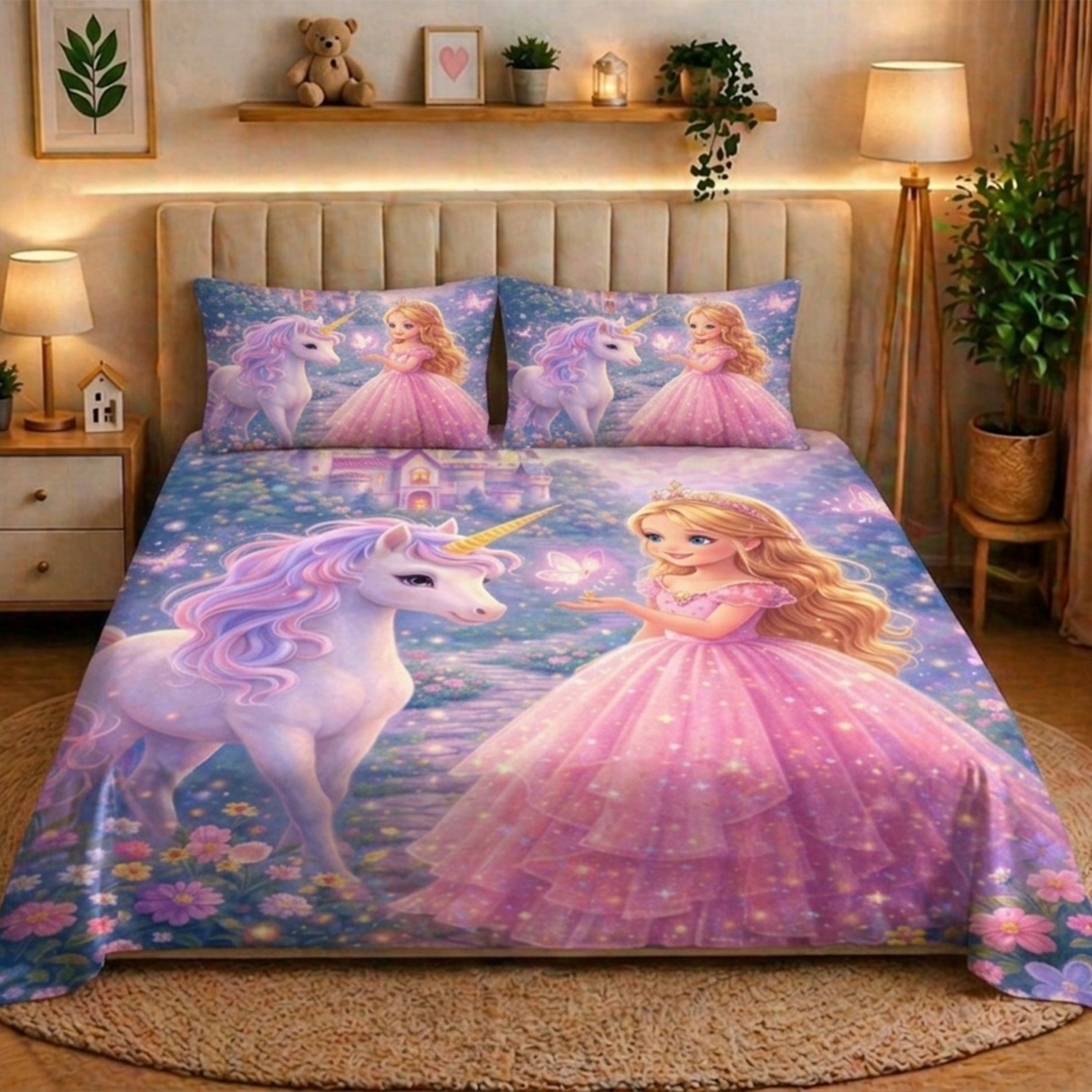 7D Digital Printed Princess & Unicorn Cotton Feel Microfiber King Size Double Bedsheet with Pillow Covers - Decovia
