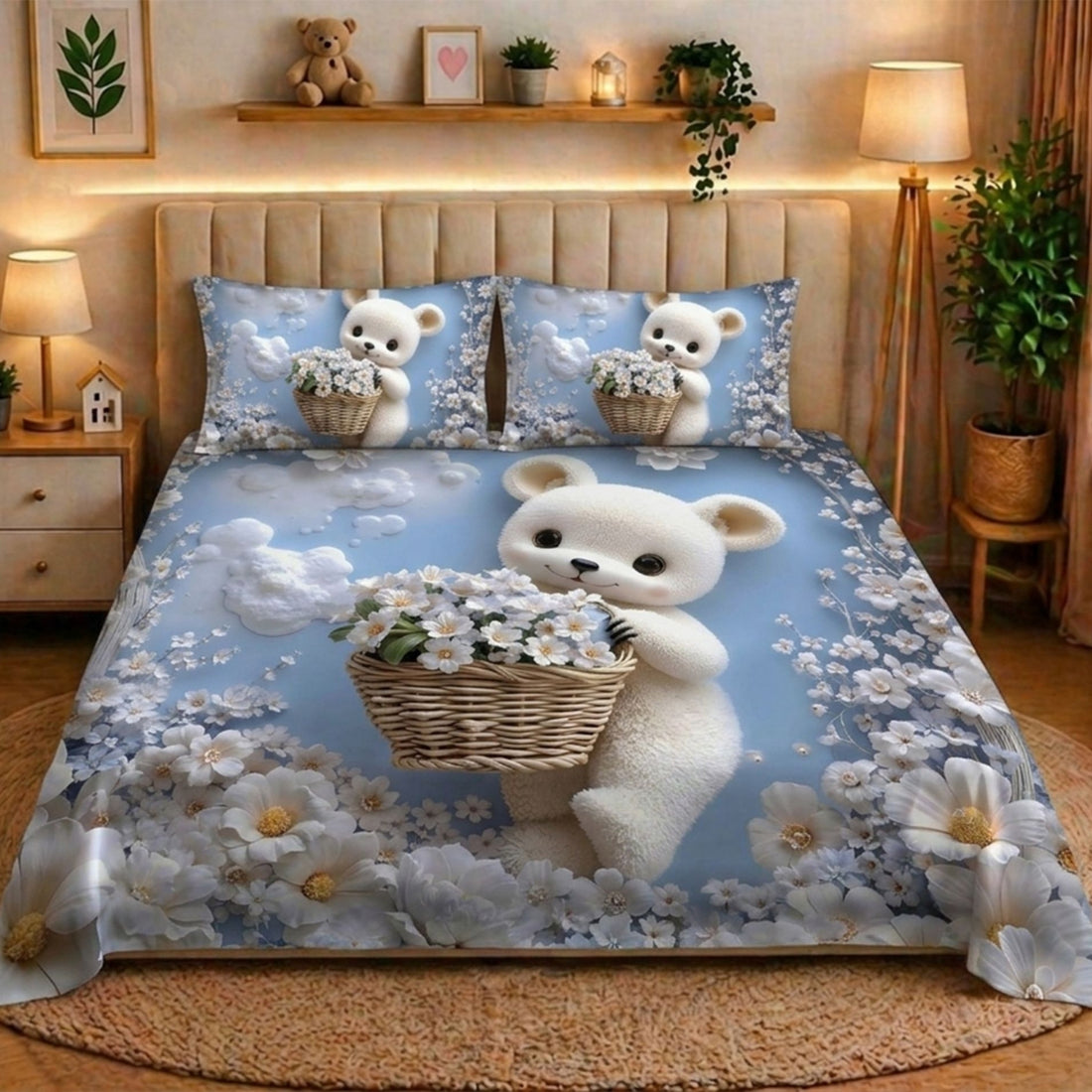 7D Digital Printed Teddy Cotton Feel Microfiber King Size Double Bedsheet with Pillow Covers - Decovia
