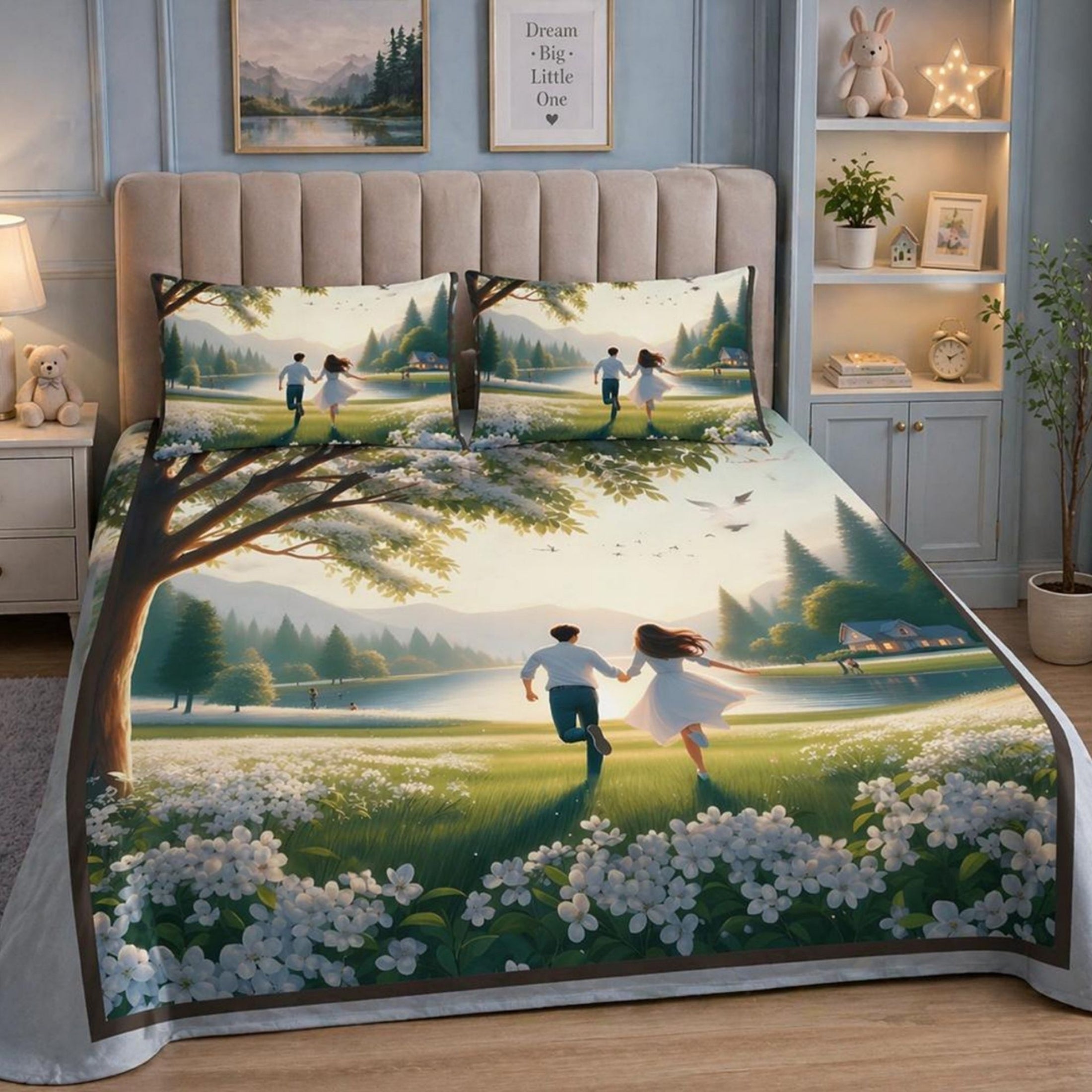 7D Digital Printed Couple Cotton Feel Microfiber King Size Double Bedsheet with Pillow Covers - Decovia