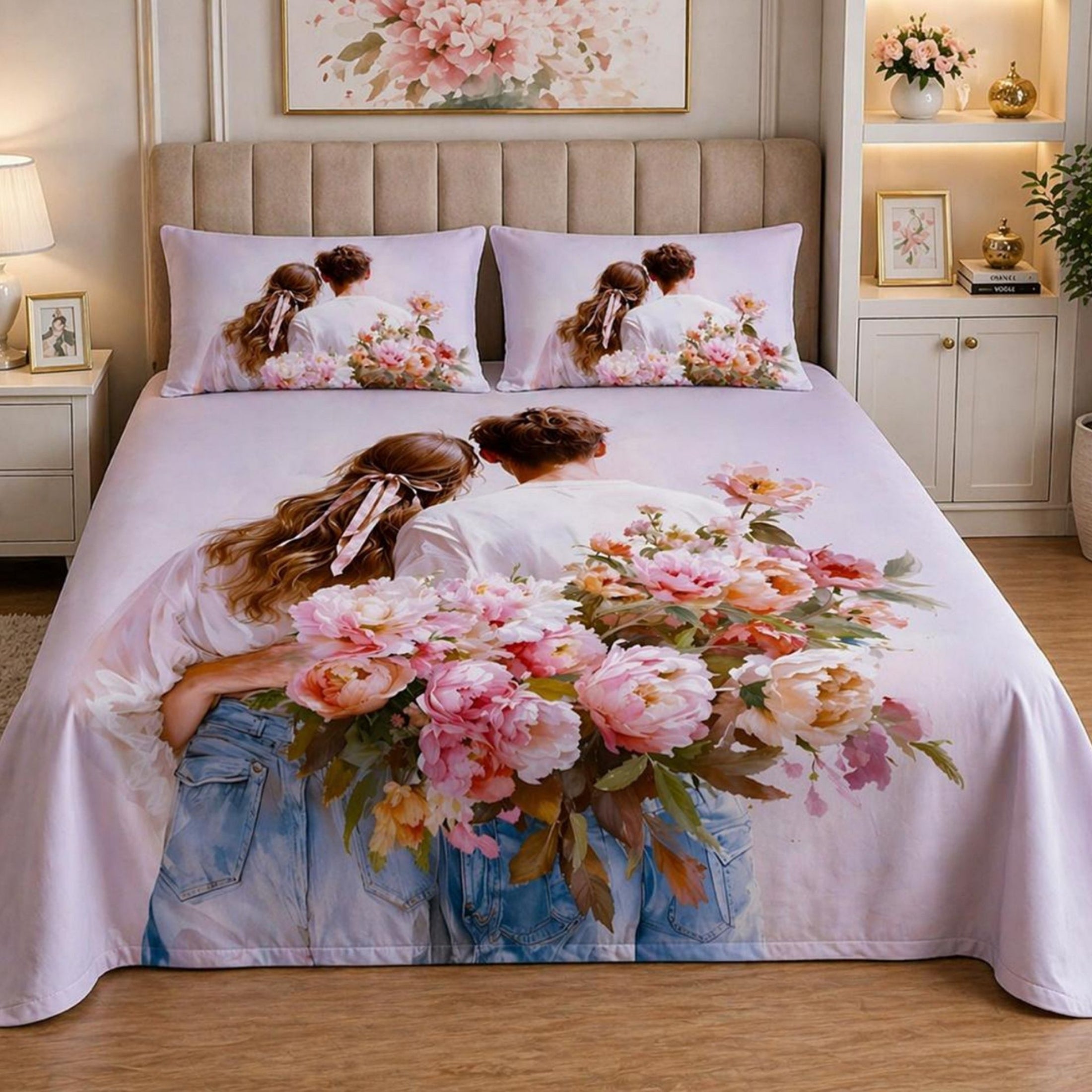 7D Digital Printed Romantic Couple Cotton Feel Microfiber King Size Double Bedsheet with Pillow Covers - Decovia