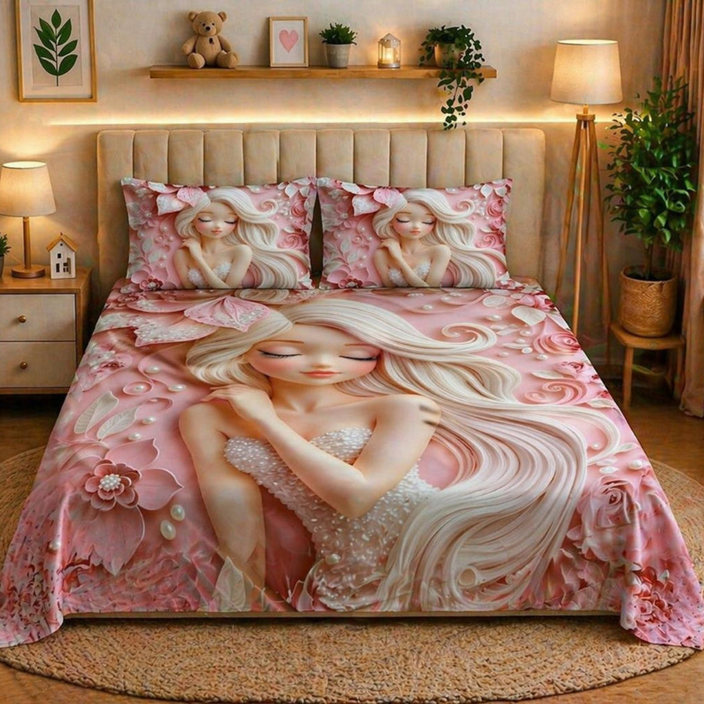 7D Digital Printed Princess Cotton Feel Microfiber King Size Double Bedsheet with Pillow Covers - Decovia