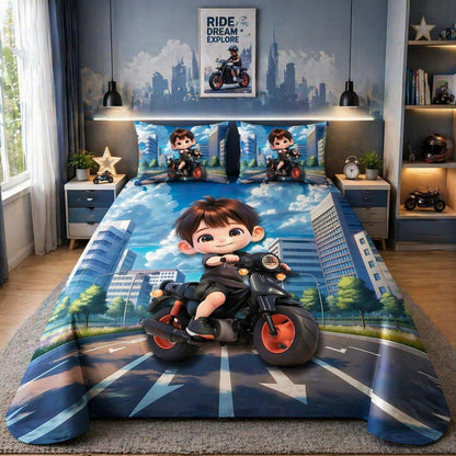 7D Digital Printed Little Biker Cotton Feel Microfiber King Size Double Bedsheet with Pillow Covers - Decovia