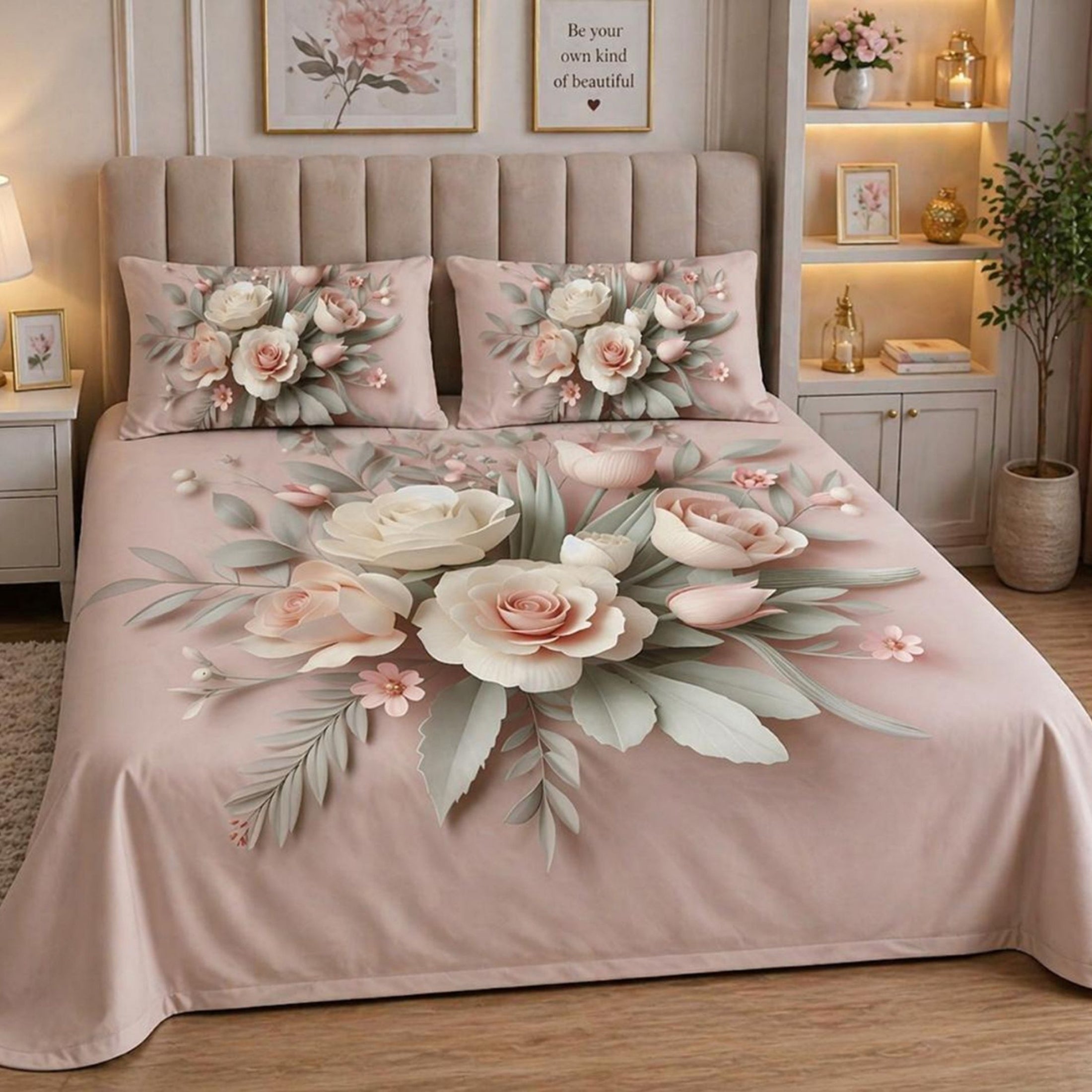 7D Digital Printed Floral Cotton Feel Microfiber King Size Double Bedsheet with Pillow Covers - Decovia