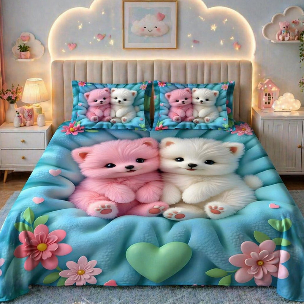 7D Digital Printed Cute Puppy Cotton Feel Microfiber King Size Double Bedsheet with Pillow Covers - Decovia