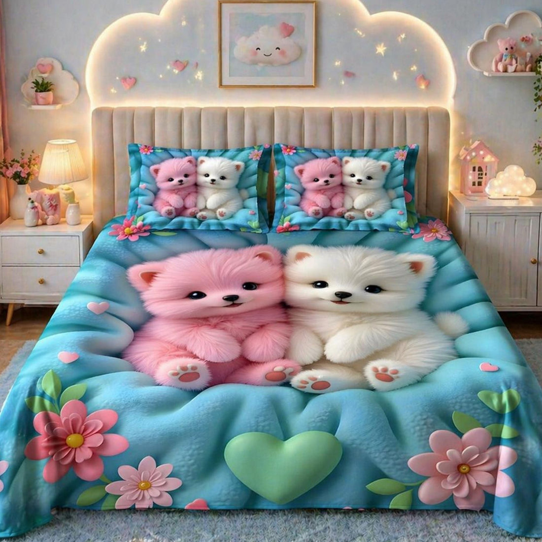 7D Digital Printed Cute Puppy Cotton Feel Microfiber King Size Double Bedsheet with Pillow Covers - Decovia