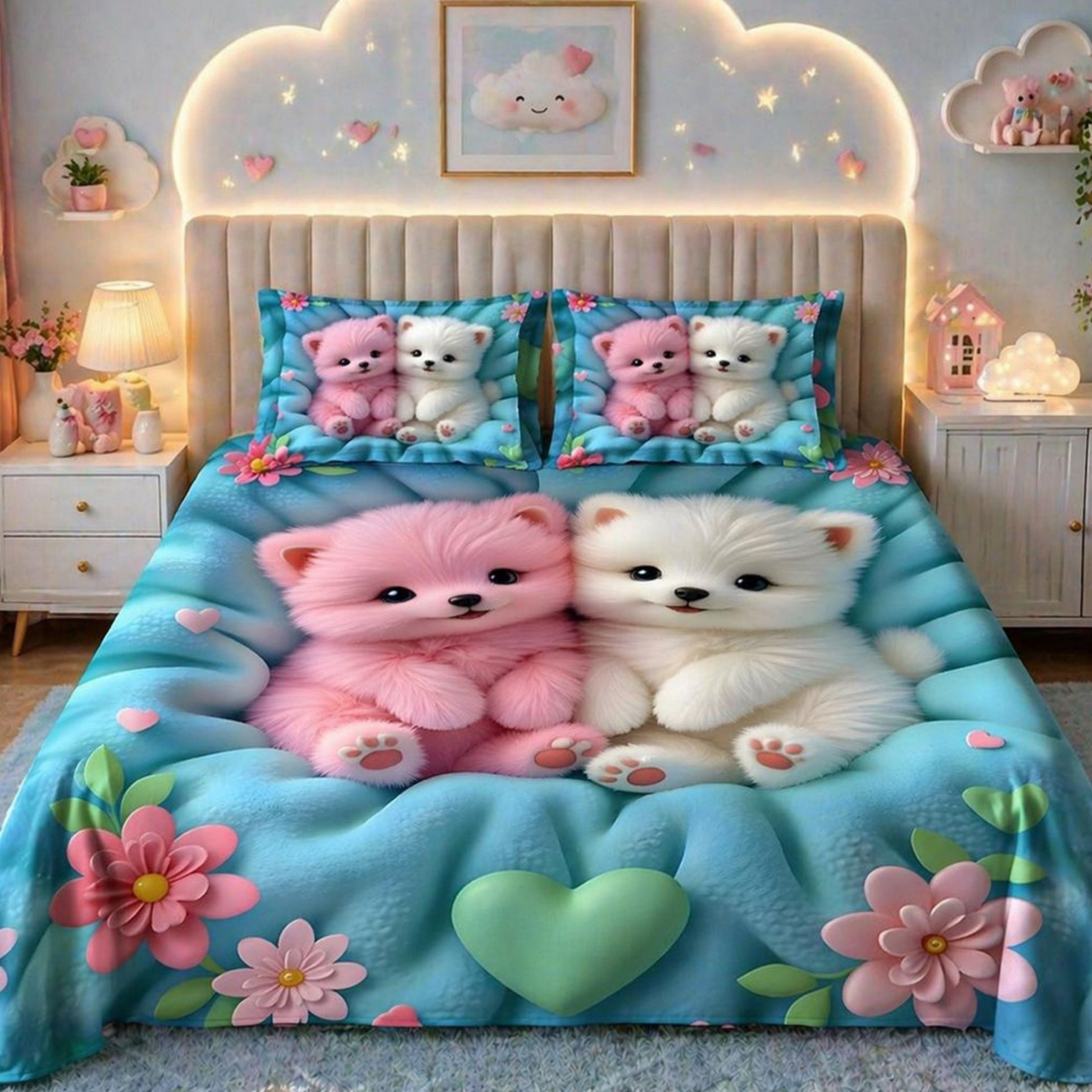 7D Digital Printed Cute Puppy Cotton Feel Microfiber King Size Double Bedsheet with Pillow Covers - Decovia
