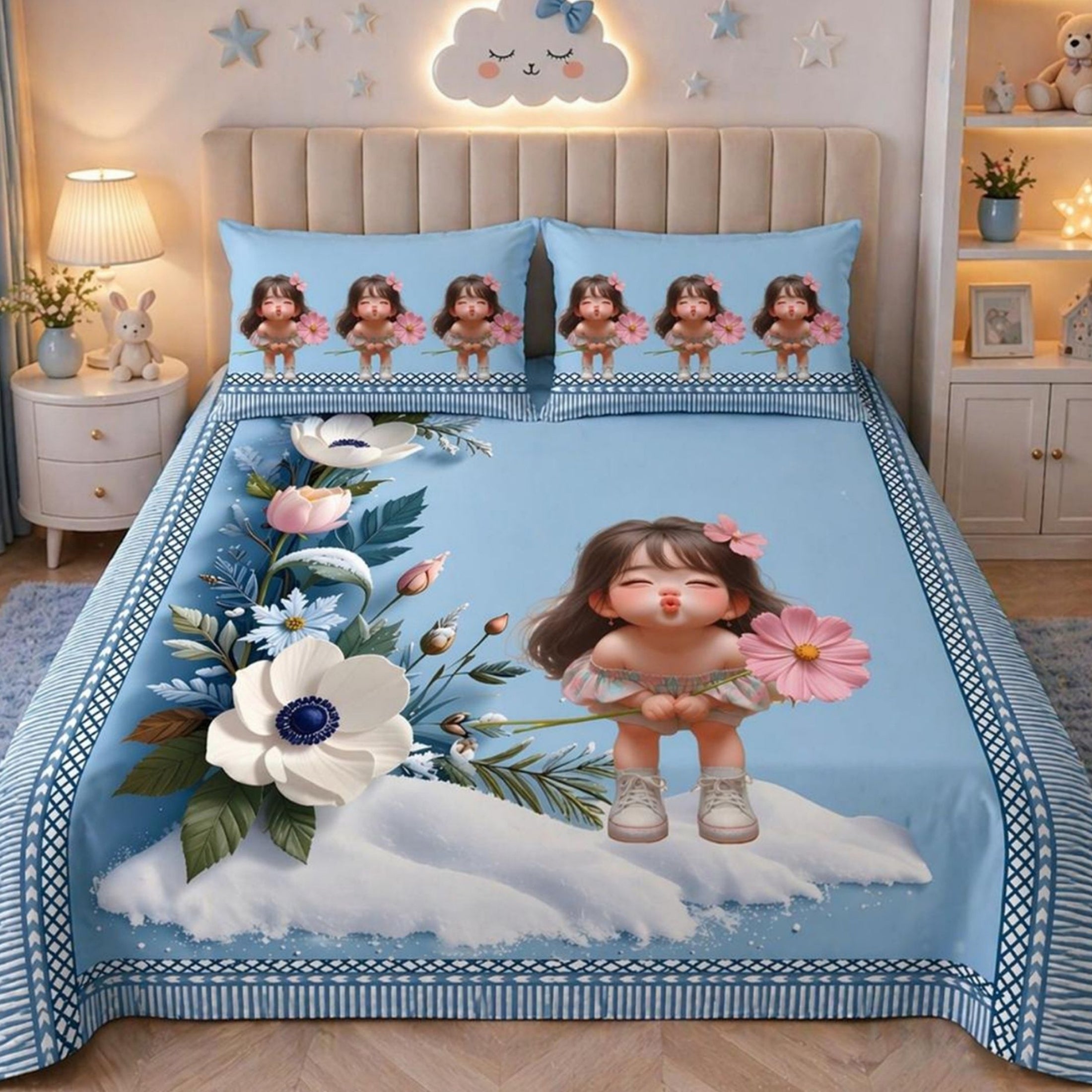 7D Digital Printed Little Girl Cotton Feel Microfiber King Size Double Bedsheet with Pillow Covers - Decovia