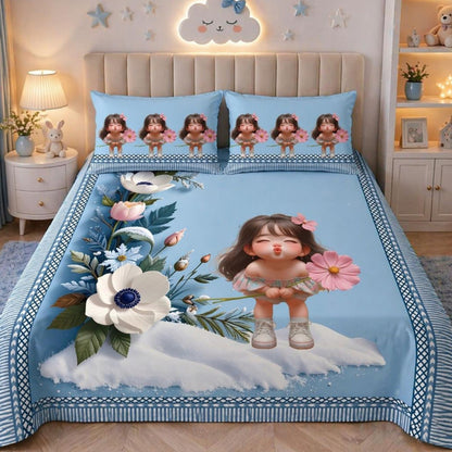 7D Digital Printed Little Girl Cotton Feel Microfiber King Size Double Bedsheet with Pillow Covers - Decovia