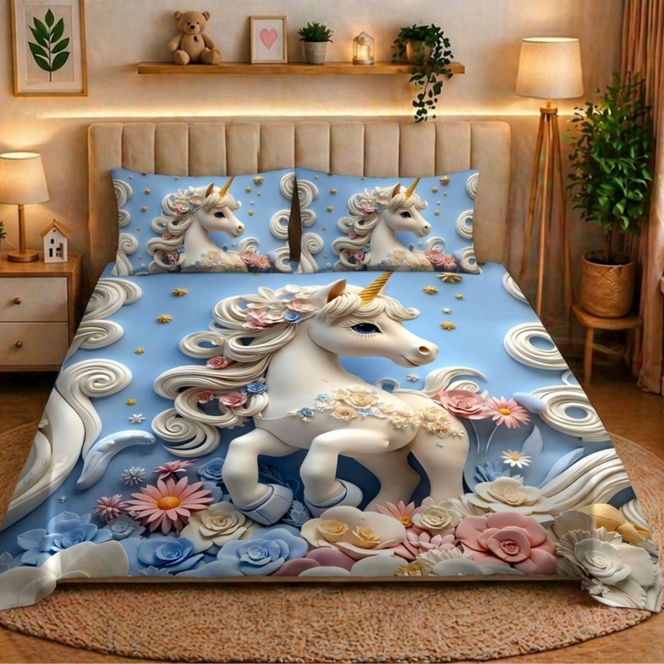 7D Digital Printed Unicorn Cotton Feel Microfiber King Size Double Bedsheet with Pillow Covers - Decovia