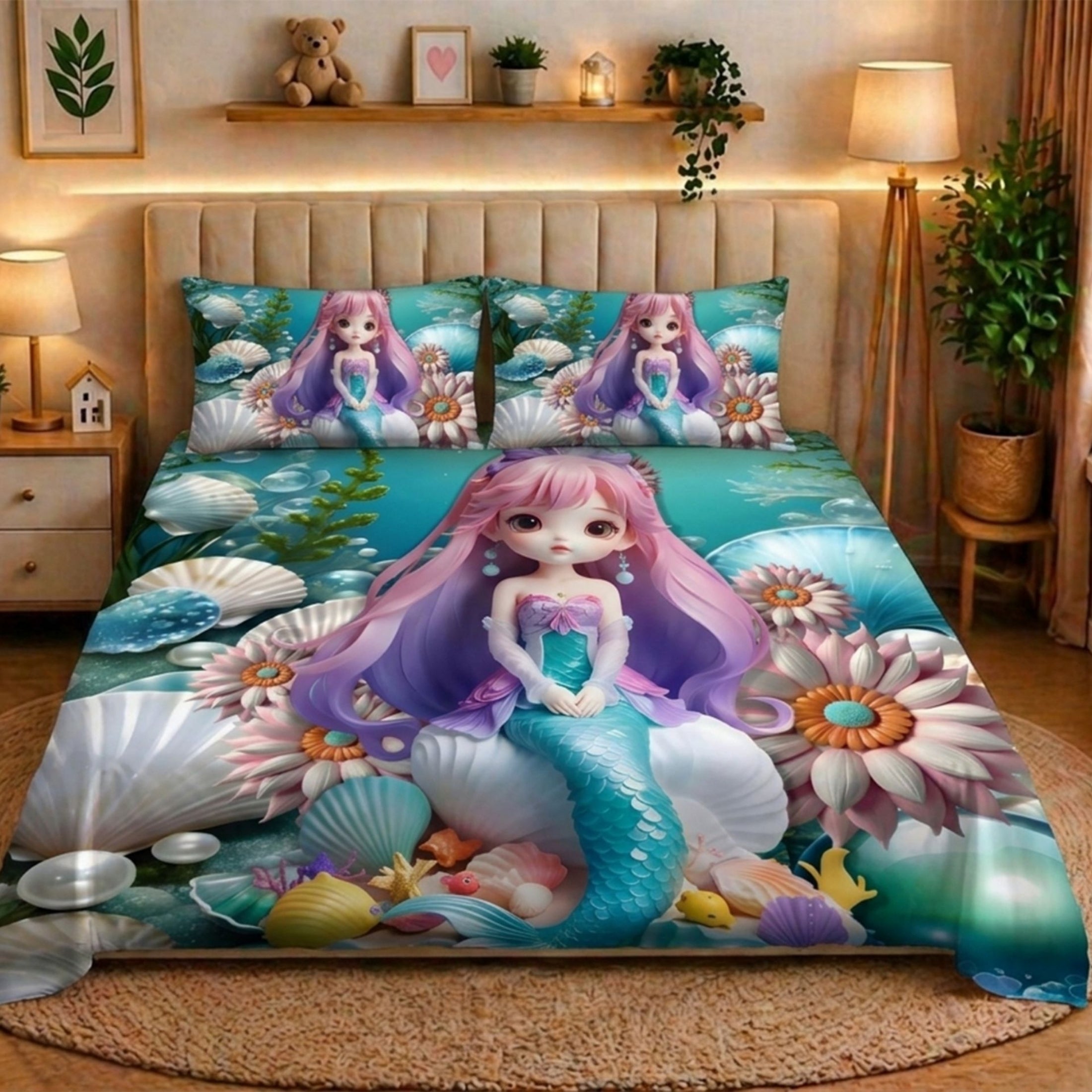 7D Digital Printed Magical Undersea Cotton Feel Microfiber King Size Double Bedsheet with Pillow Covers - Decovia