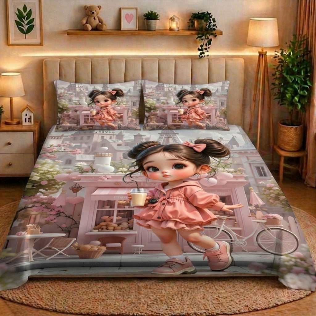 7D Digital Printed Cute Girl Cotton Feel Microfiber King Size Double Bedsheet with Pillow Covers - Decovia
