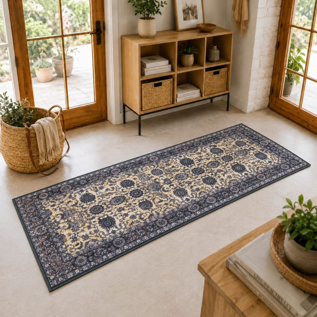 Premium Floral Persian Pattern Digital Print Area Rug | Dark Brown Medallion Accent Rug - Decovia