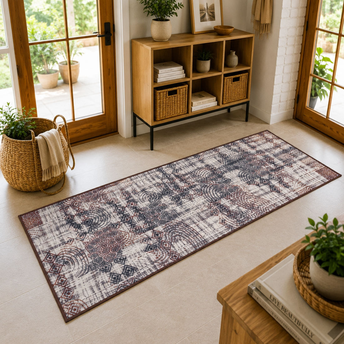 Multi-Pattern Geometric Accent Digital Print Area Rug | Cream &amp; Earth Tones Accent Rug - Decovia