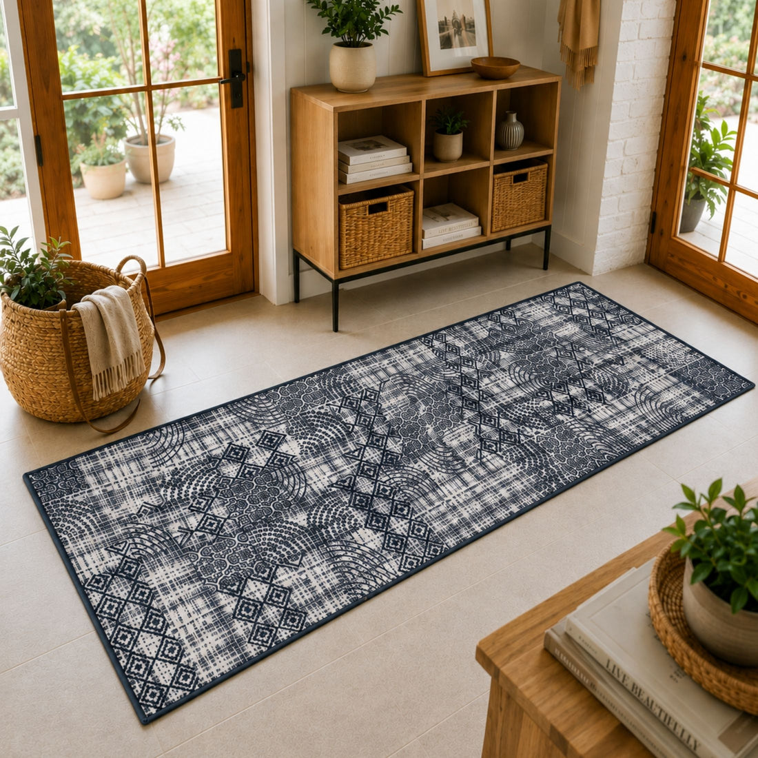 Modern Abstract Geometric Digital Print Area Rug | Charcoal Black and Cream Bohemian Accent Rug - Decovia