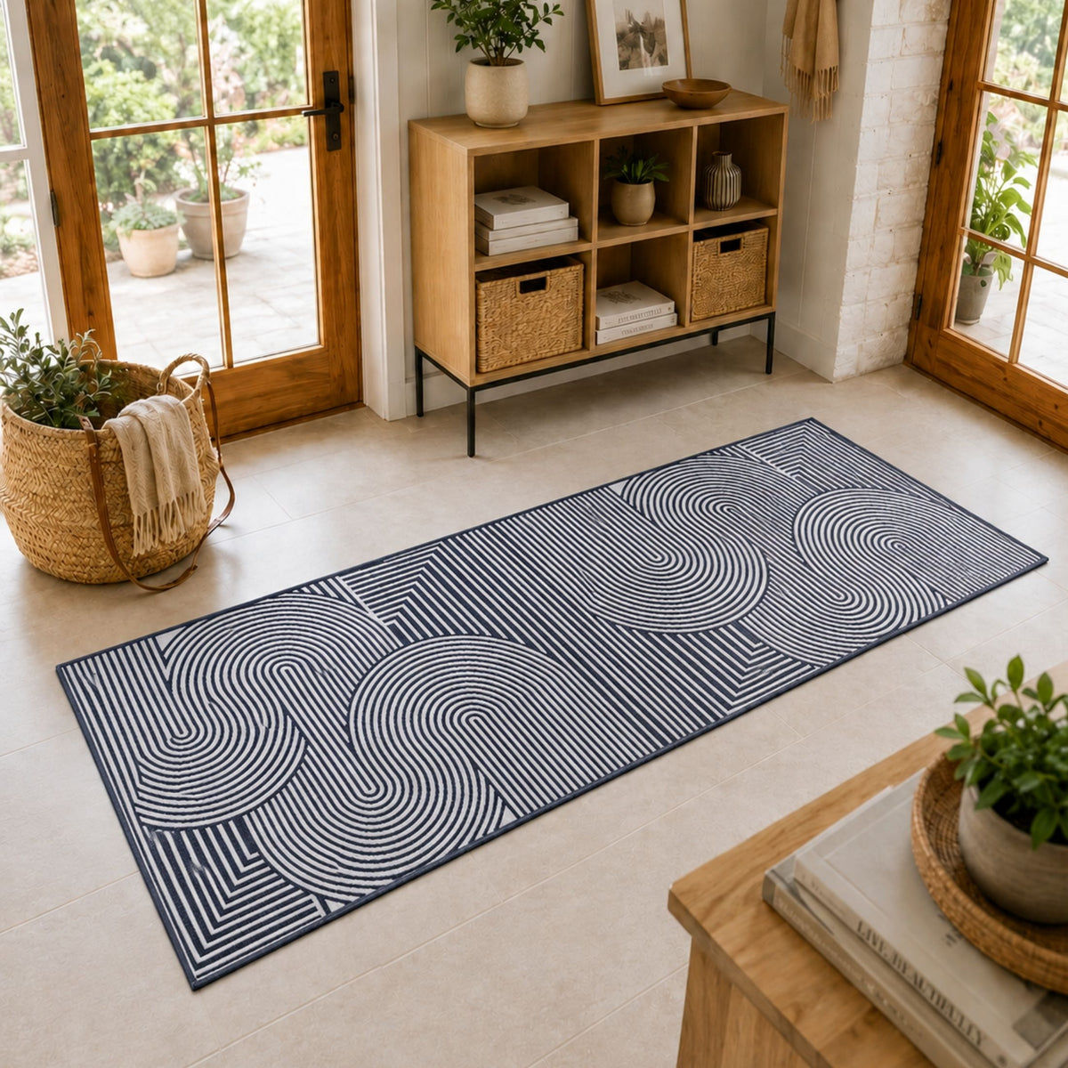 Modern Geometric Area Rug – Black and White Abstract Wave Pattern -Decovia